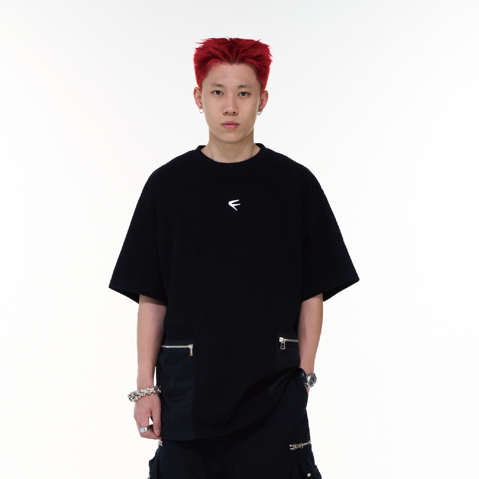 PUPIL TRAVE 重磅金屬拉鍊網布口袋拼接短袖T卹