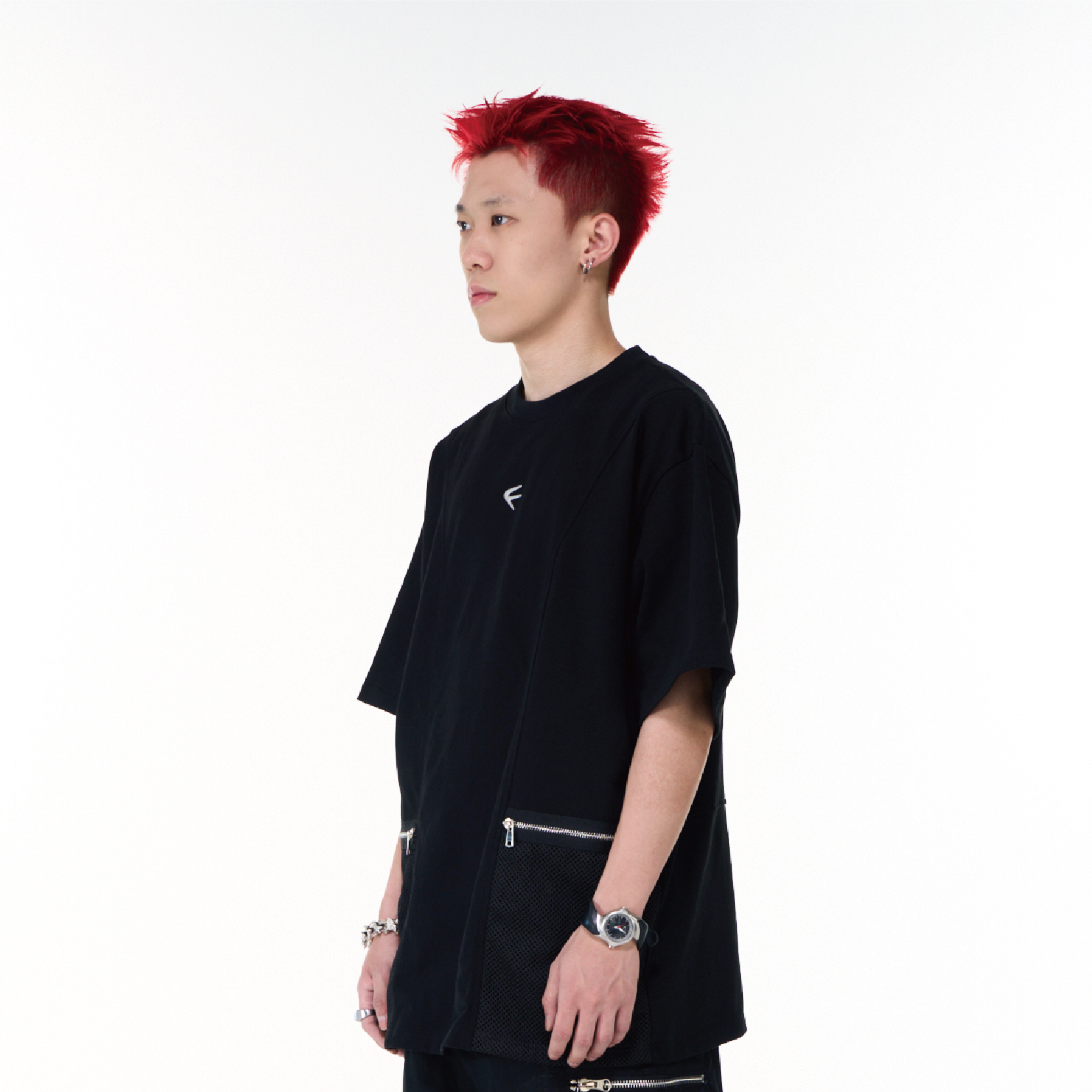 PUPIL TRAVE 重磅金屬拉鍊網布口袋拼接短袖T卹