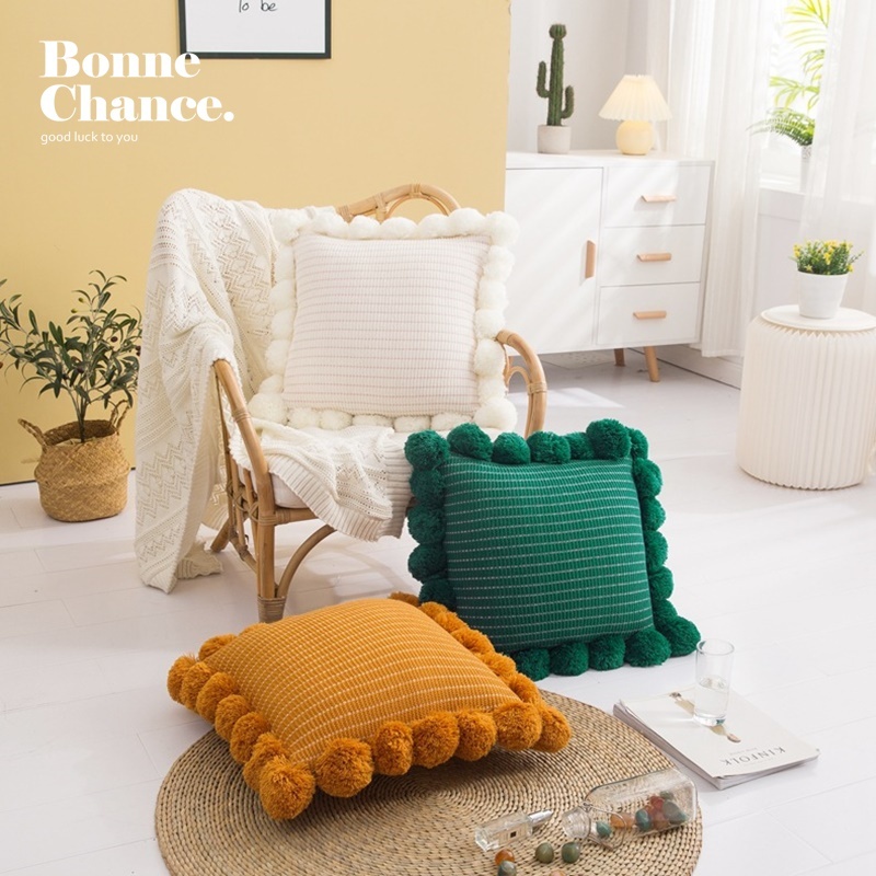 波希米亞風方形毛球抱枕 五色