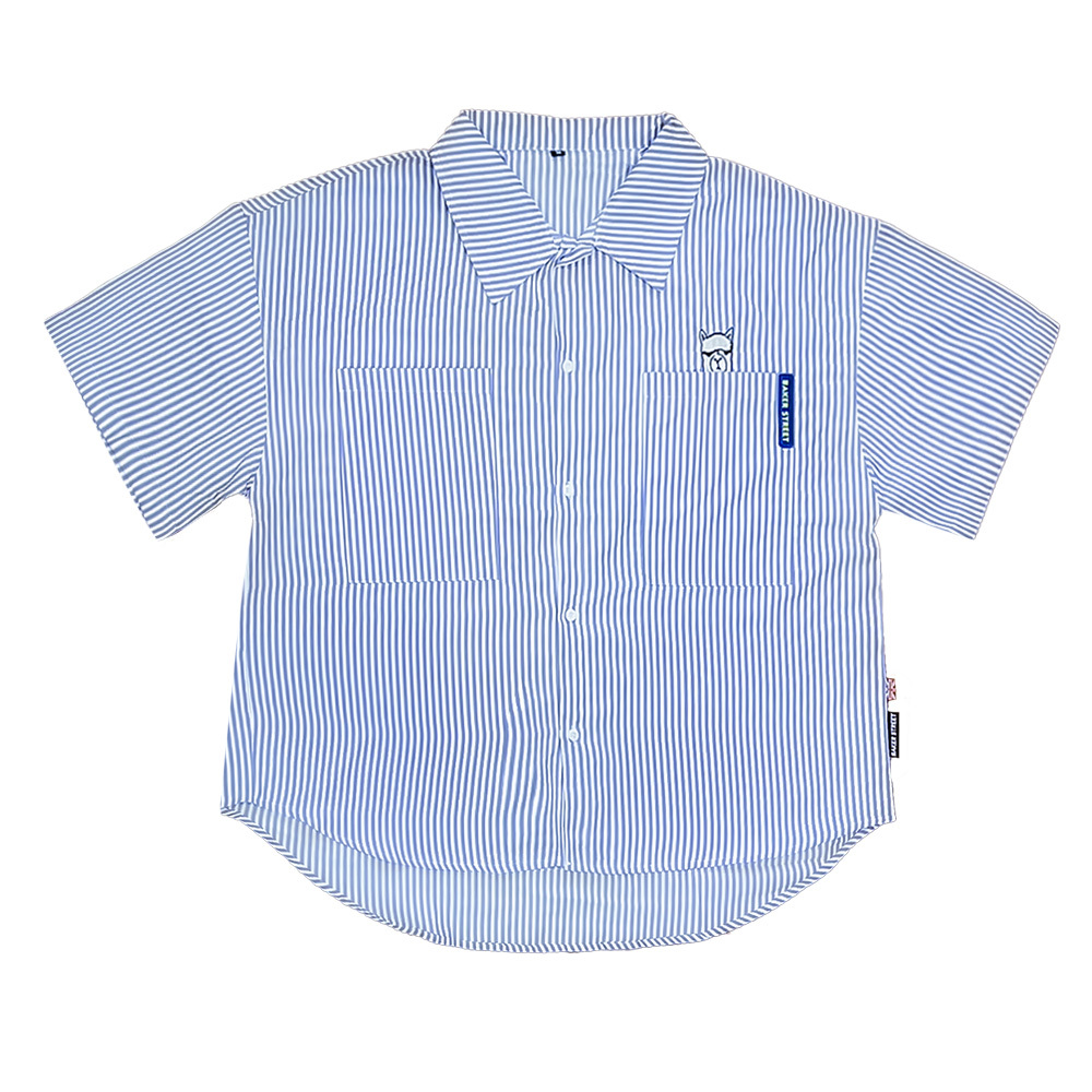 BKSTalpaca 躲貓貓刺繡落肩條紋襯衫