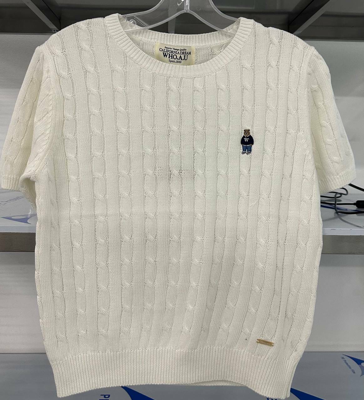 [S] WHO.A.U CABLE CROP SHORT SLEEVE SWEATER,IVORY, WHKAD3701F-IVORY (SWAU165)