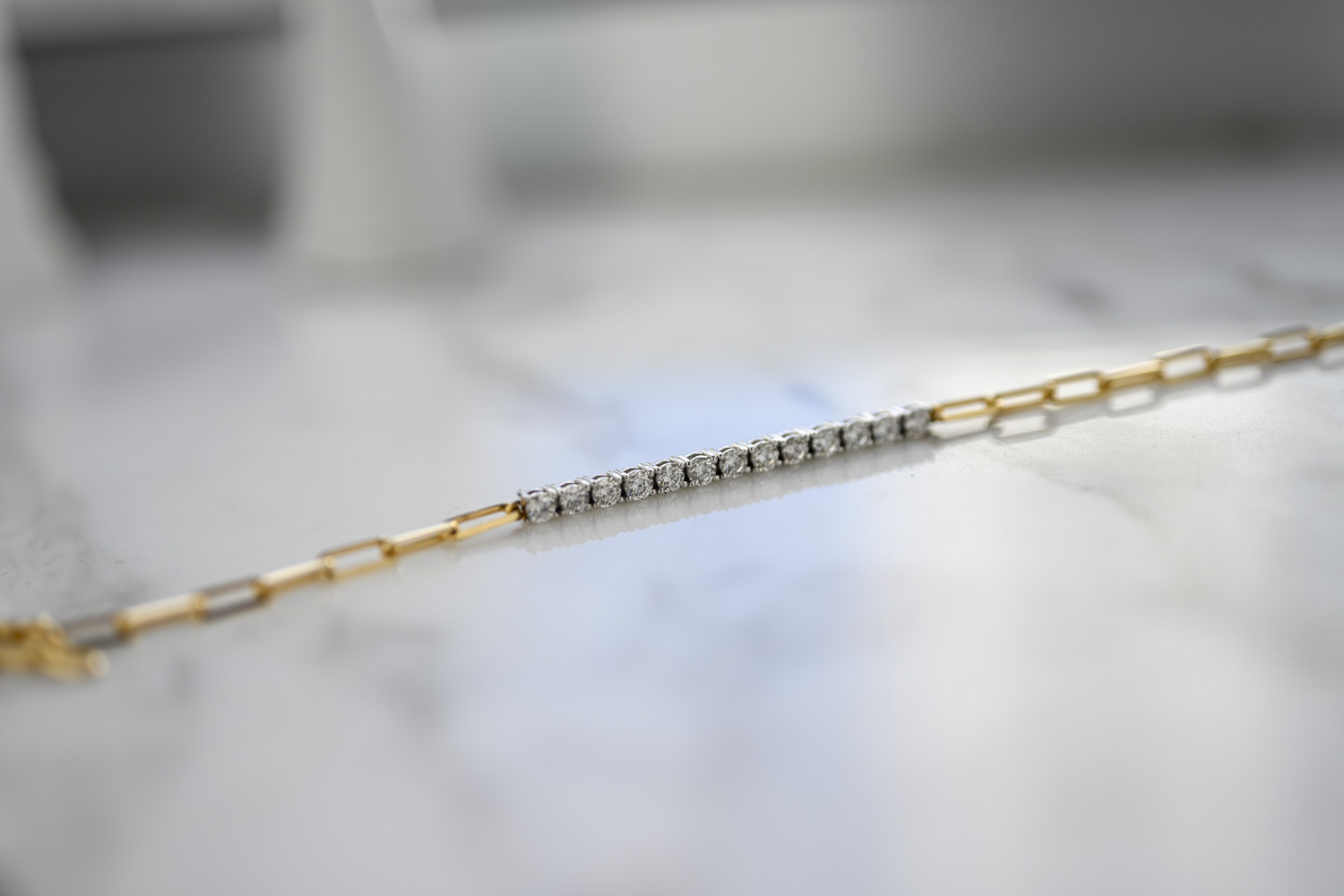 18K Two tone diamond bar block chain