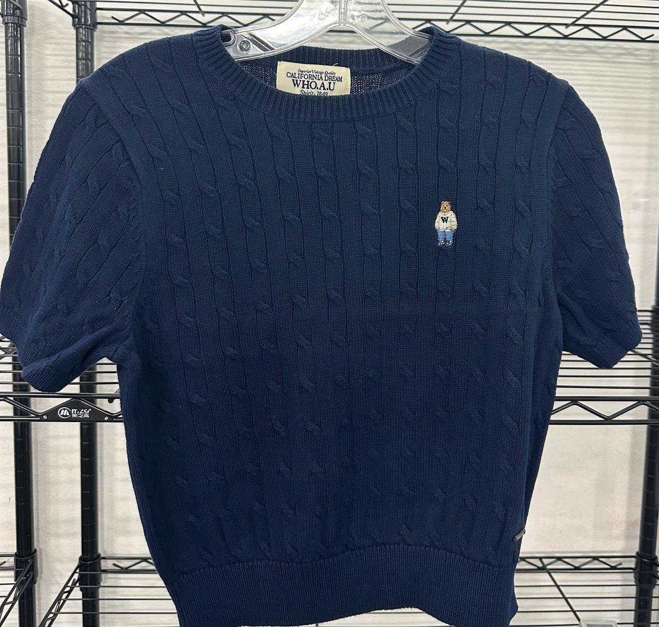 [S] WHO.A.U STEVE CABLE CROP SHORT SLEEVE SWEATER,NAVY, WHKAD2401F-NAVY (SWAU167)