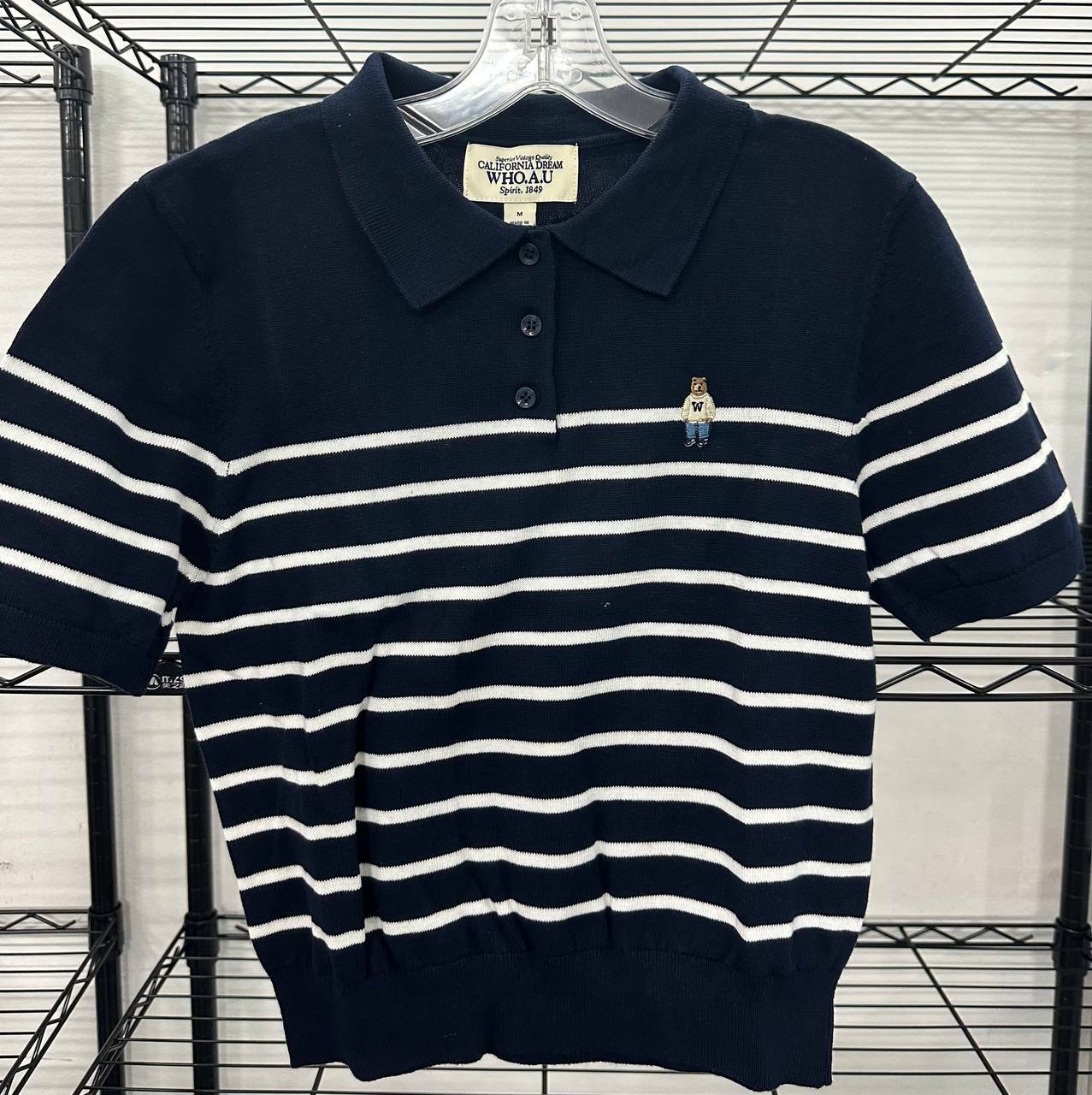[S] WHO.A.U STEVE STRIPED COLLAR SHORT SLEEVE SWEATER,NAVY, WHKAD2431F-NAVY (SWAU173)