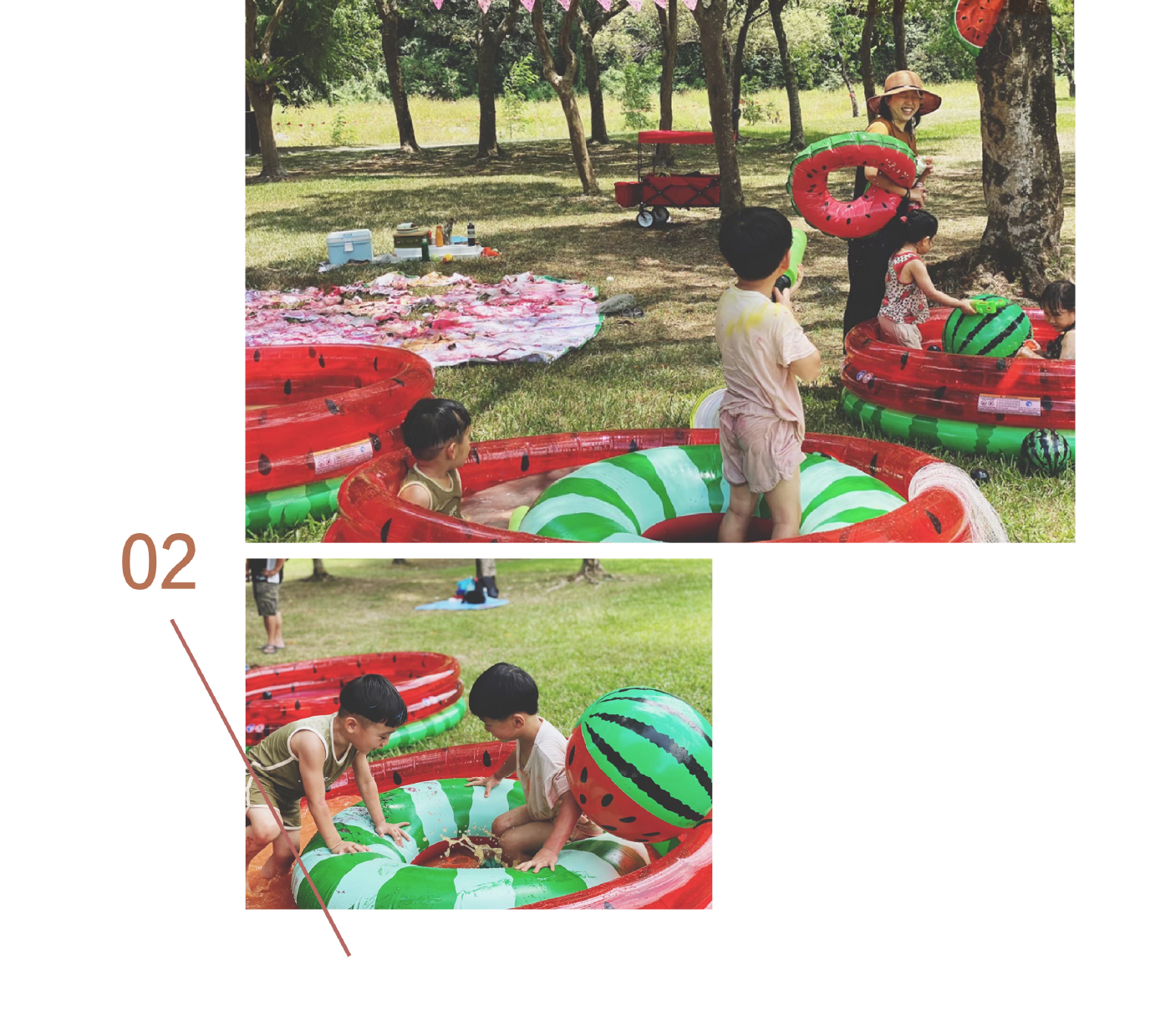 小青山舉辦的親子活動-孩子在草地上的西瓜游泳池玩水