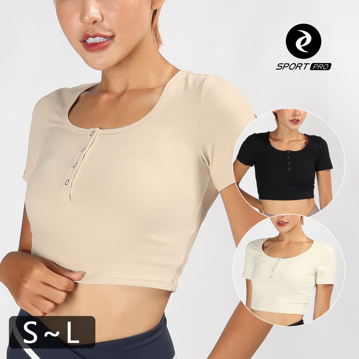 短版直紋U領壓釦瑜珈/運動/機能短袖*