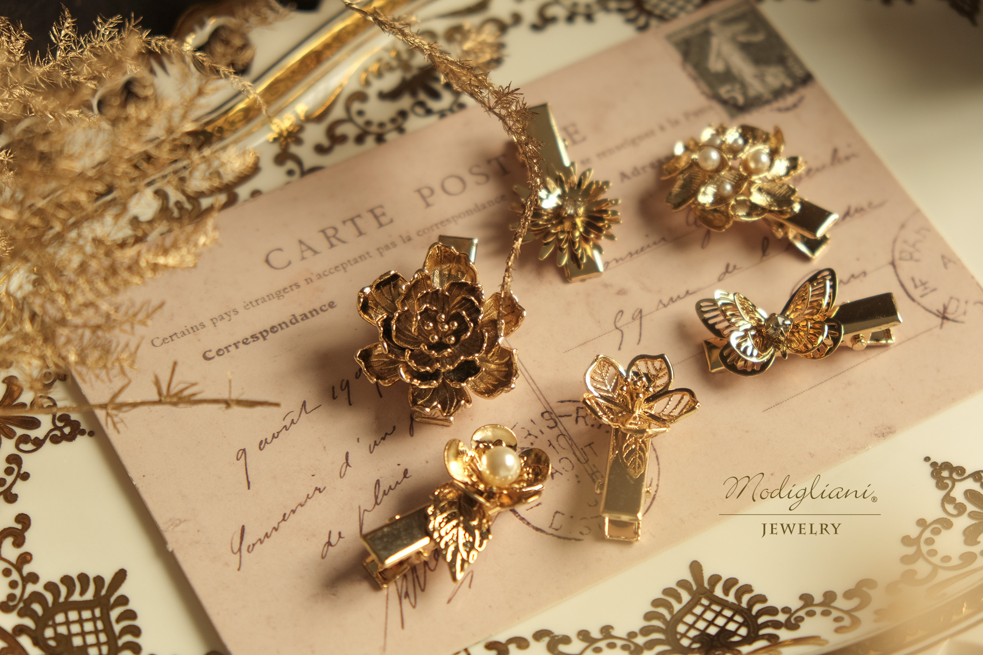 黃銅飾品, 髮夾, 飾品, 黃銅,施華洛世奇水鑽,小巧,花草,可愛