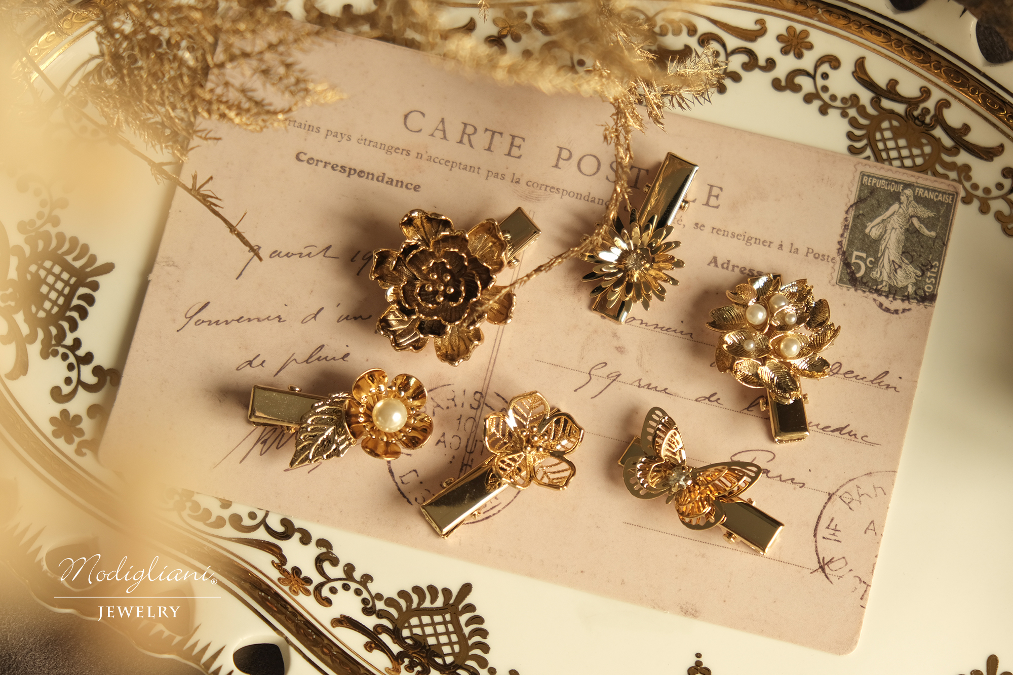 黃銅飾品, 髮夾, 飾品, 黃銅,施華洛世奇水鑽,小巧,花草,可愛