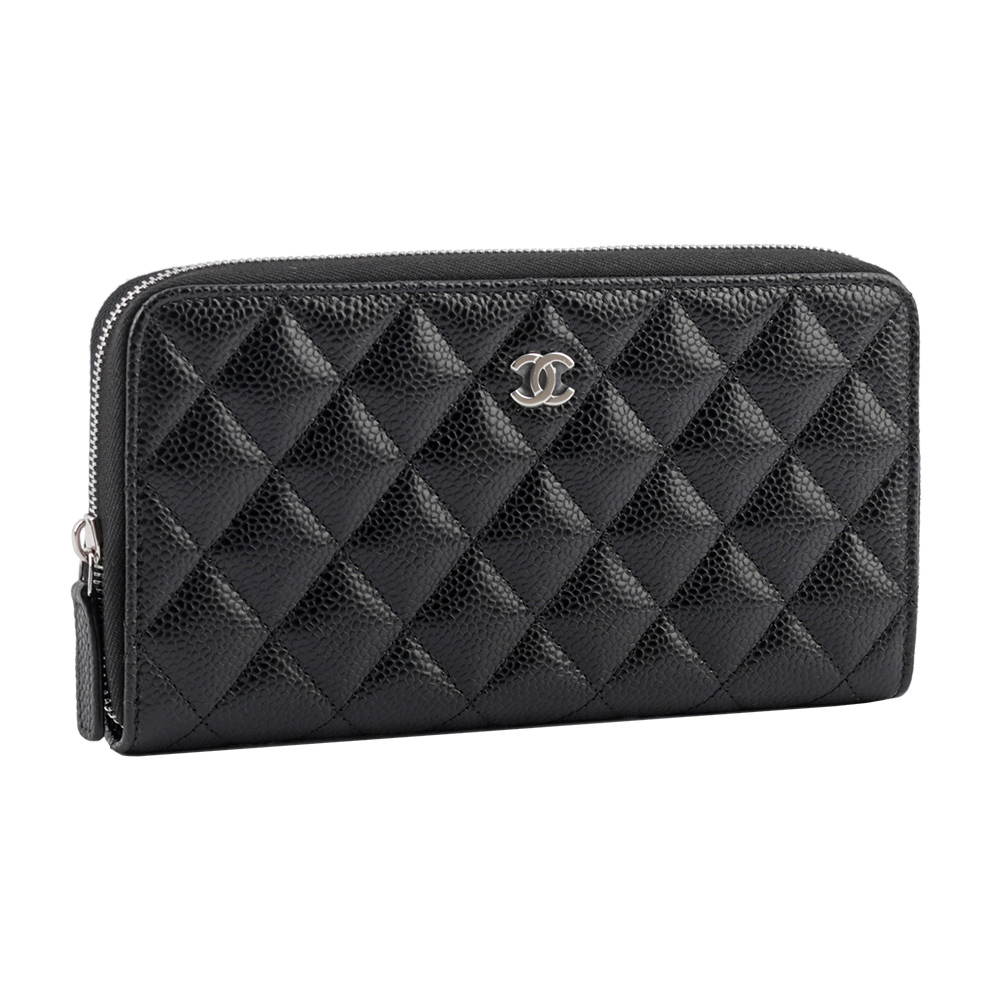 【CHANEL】銀色CC LOGO粒紋小牛皮拉鍊ㄇ型長夾(黑色) AP0242 Y01588 C3906