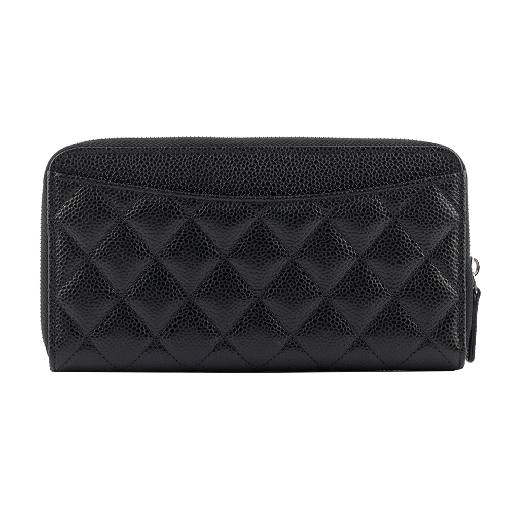 【CHANEL】銀色CC LOGO粒紋小牛皮拉鍊ㄇ型長夾(黑色) AP0242 Y01588 C3906