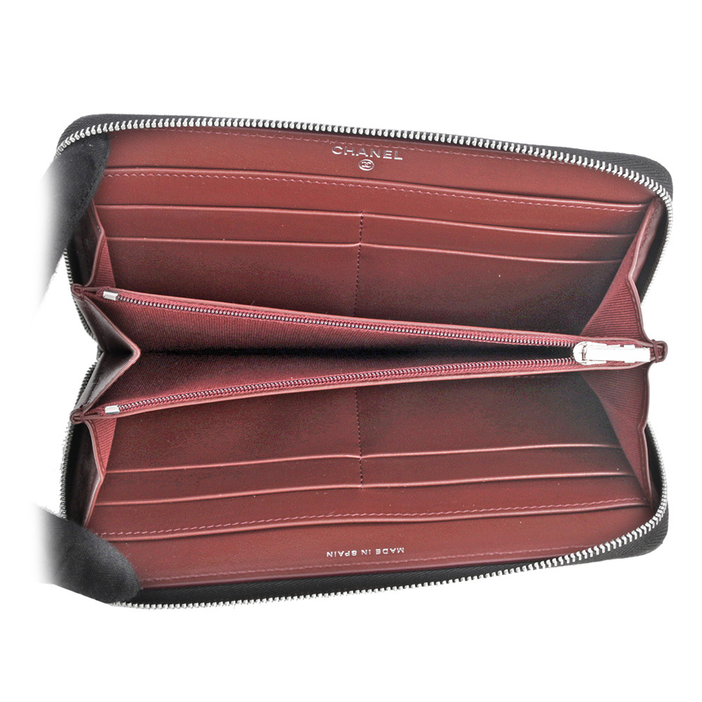 【CHANEL】銀色CC LOGO粒紋小牛皮拉鍊ㄇ型長夾(黑色) AP0242 Y01588 C3906