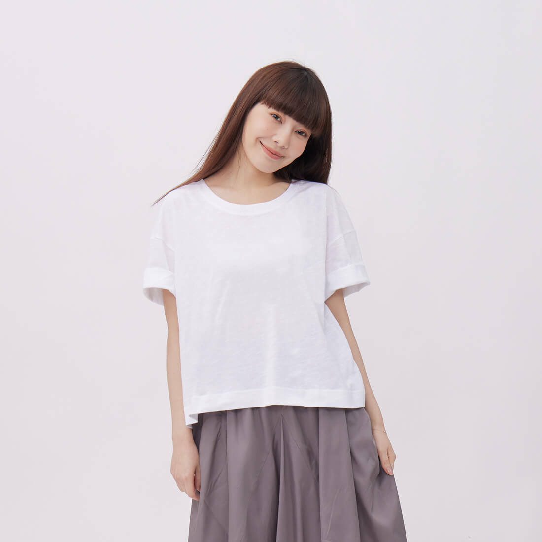竹節棉落肩寬版上衣T恤/白