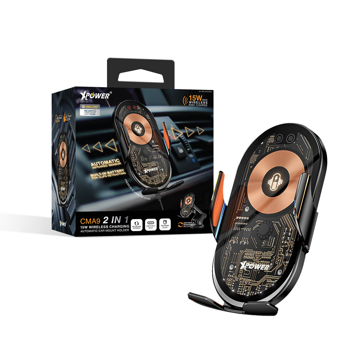XPower CMA9 2合1 15W無線快充透明自動車支架
