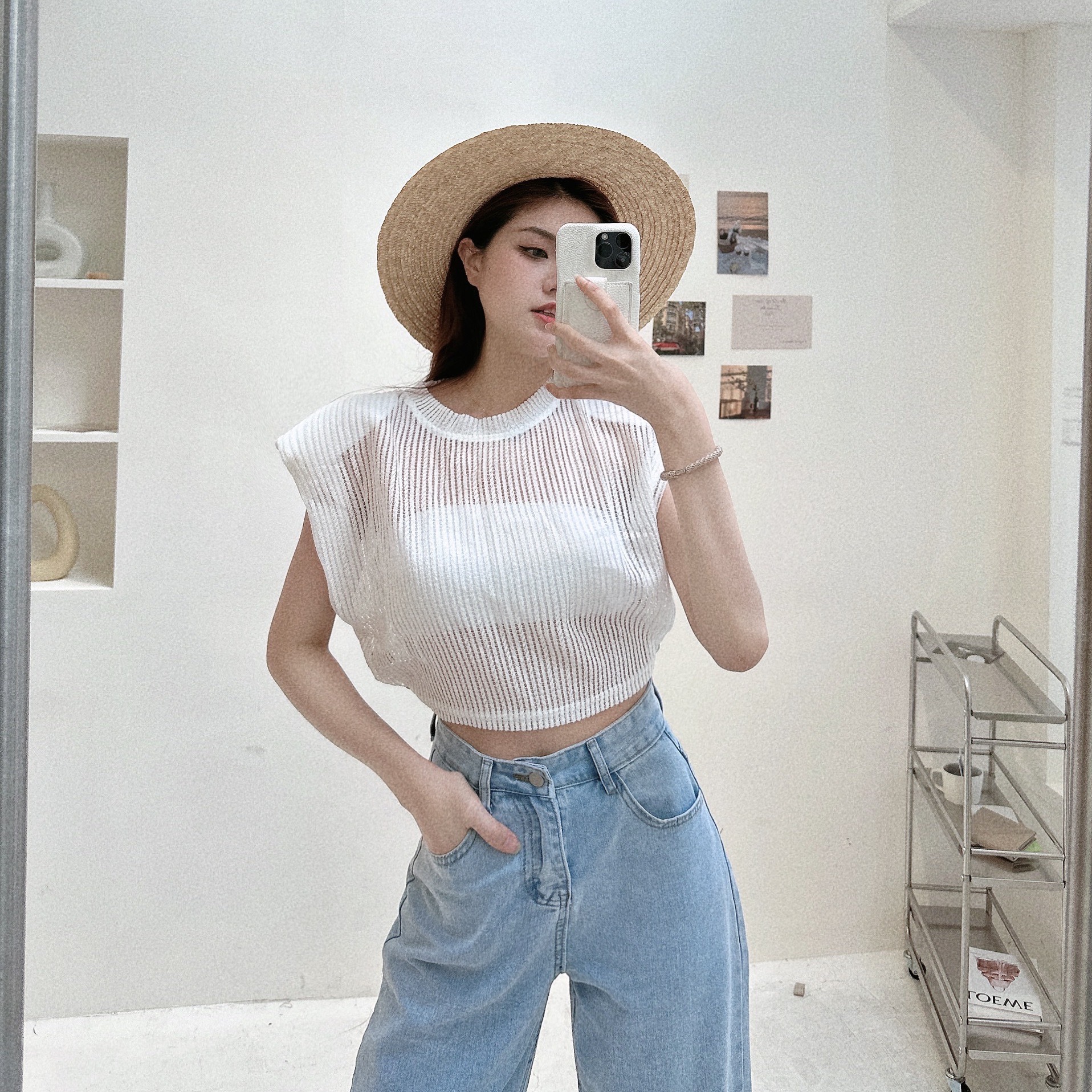 直條透膚墊肩上衣/二色