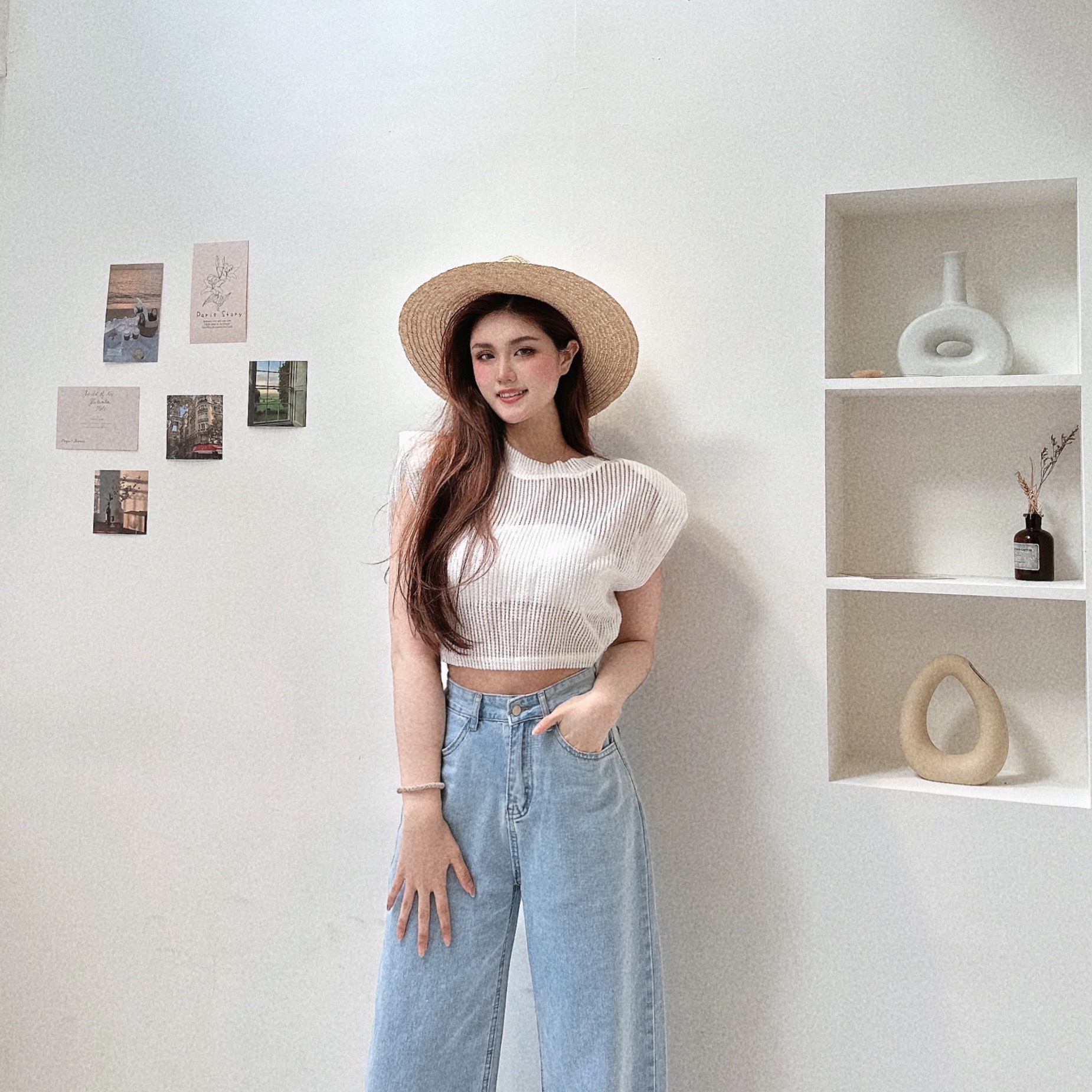 直條透膚墊肩上衣/二色