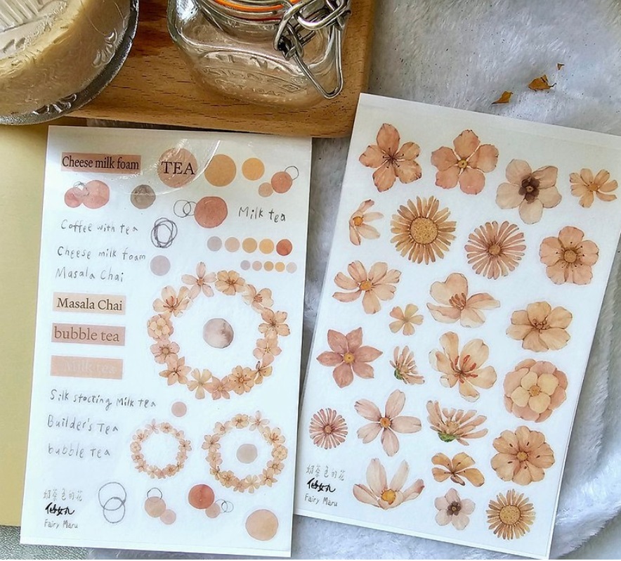 仙女丸Fairy Maru．奶茶色的花 轉印貼紙
