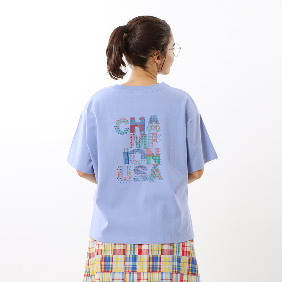 女款-CASUAL 拼貼印花寬鬆短袖TEE-淺紫色（CW-X322-225）