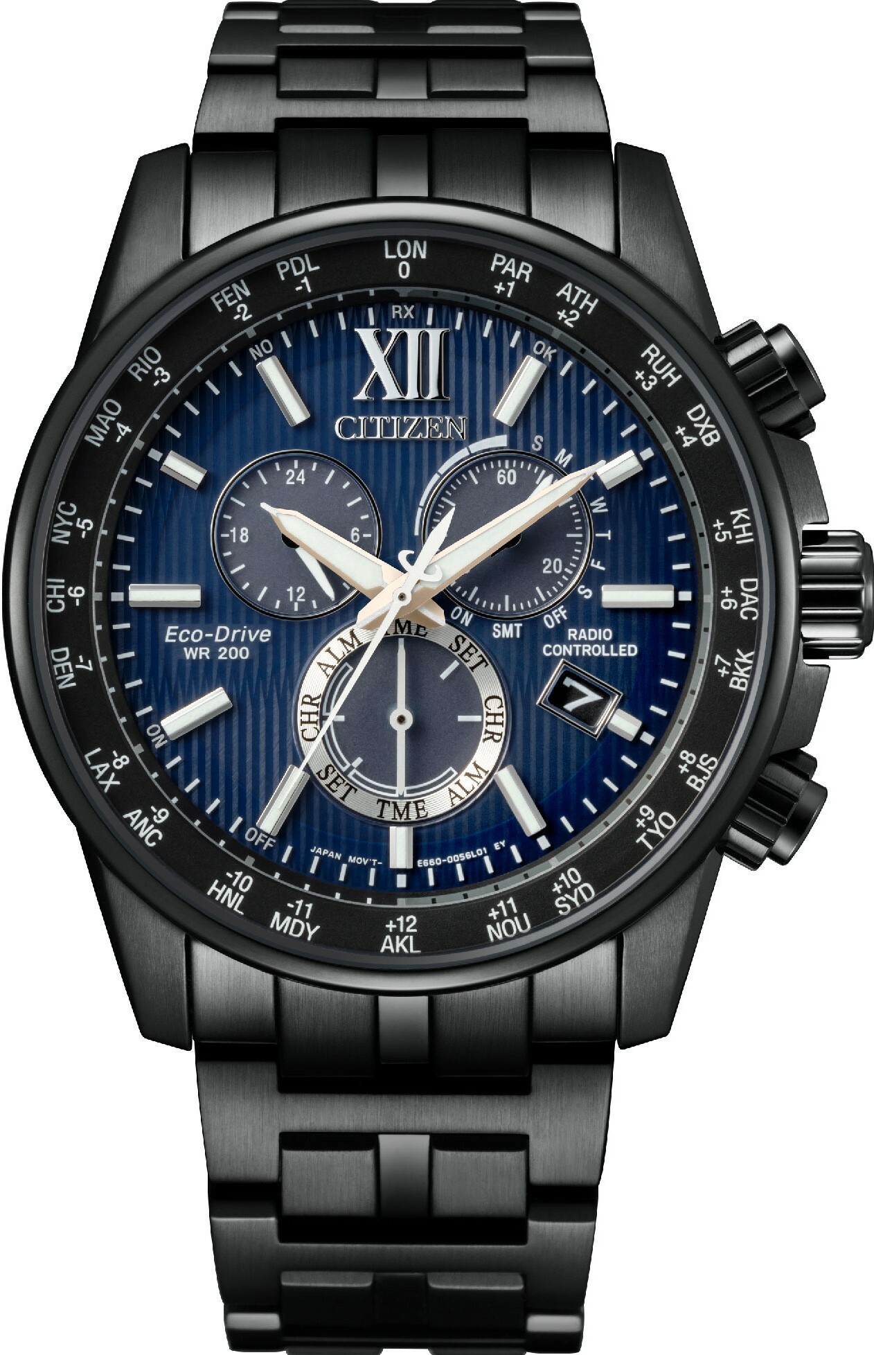 萬年鐘錶 - Citizen 星辰錶  經典全黑世界時間電波對時男錶 CB5885-85L 錶徑42.5MM