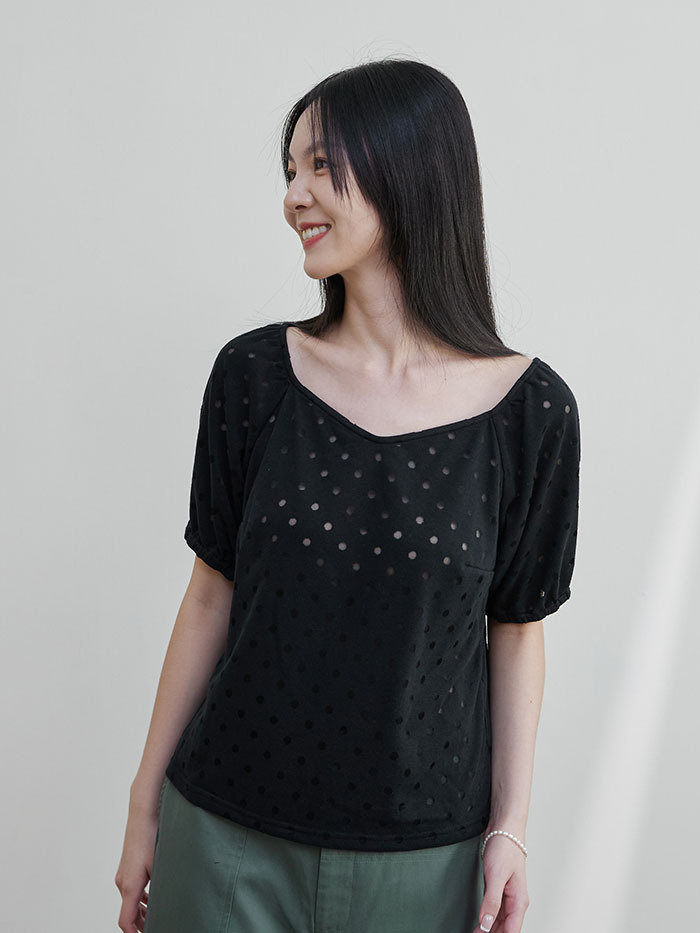 微笑弧線鬆緊袖上衣-煤球