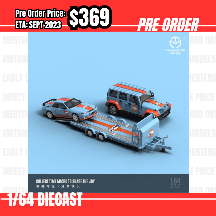 PO-$369 * Time Micro * 1:64 Nissan Skyline GTR R32 Gulf w/trailer & Wrangler [14/07]