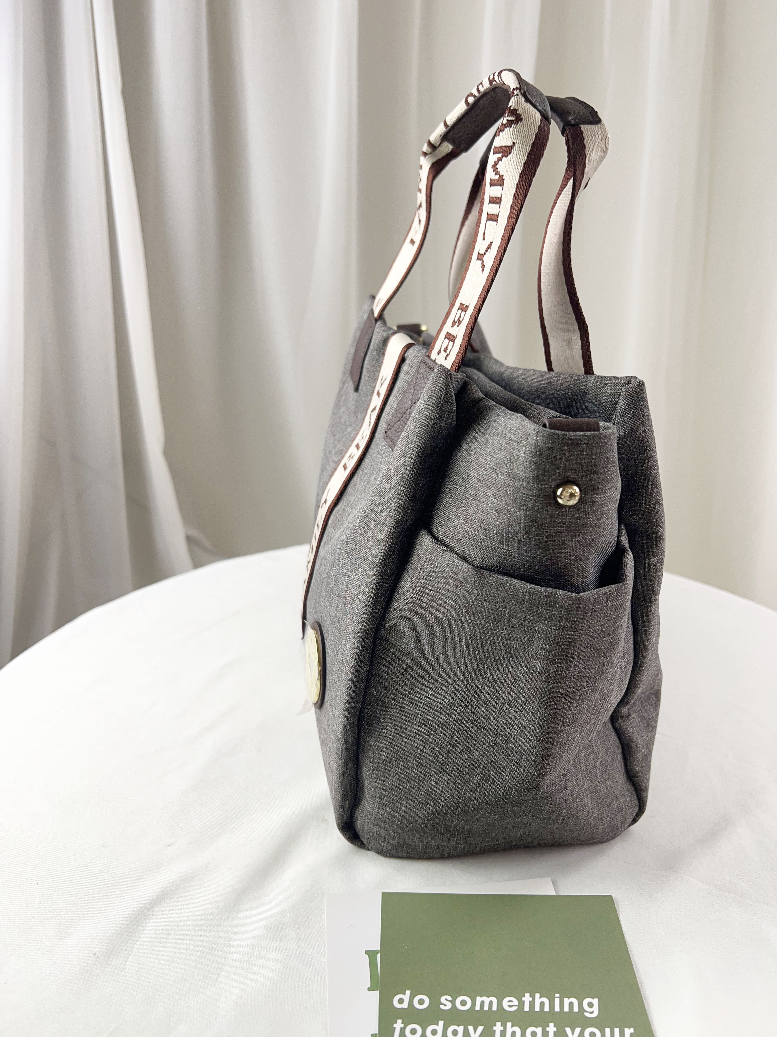 FamilyBear  織帶灰配咖防潑水手提包 / 側背包 附兔兔吊飾 #2853