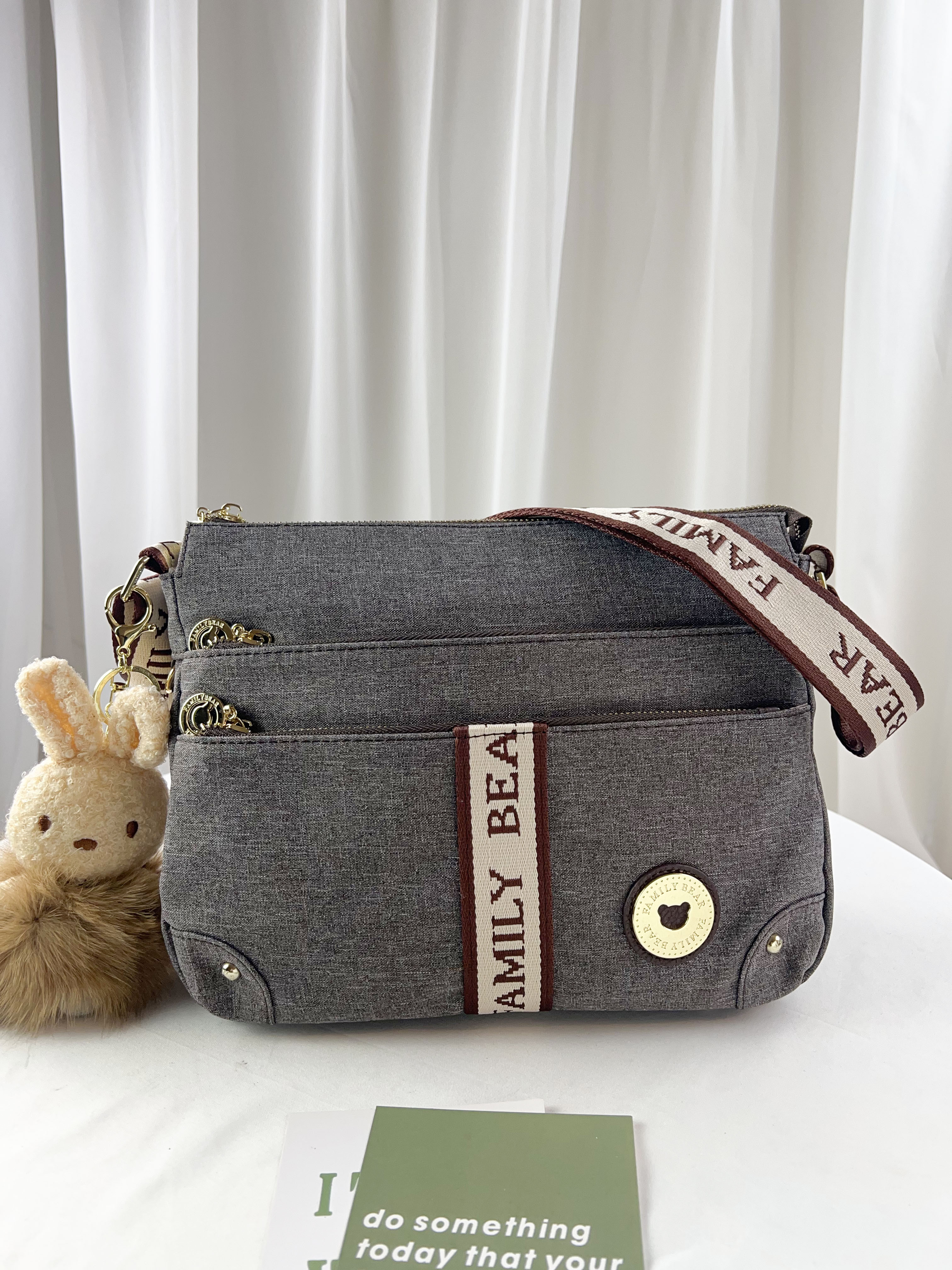 FamilyBear 織帶灰配咖防潑水側背包 附兔兔吊飾 #2045