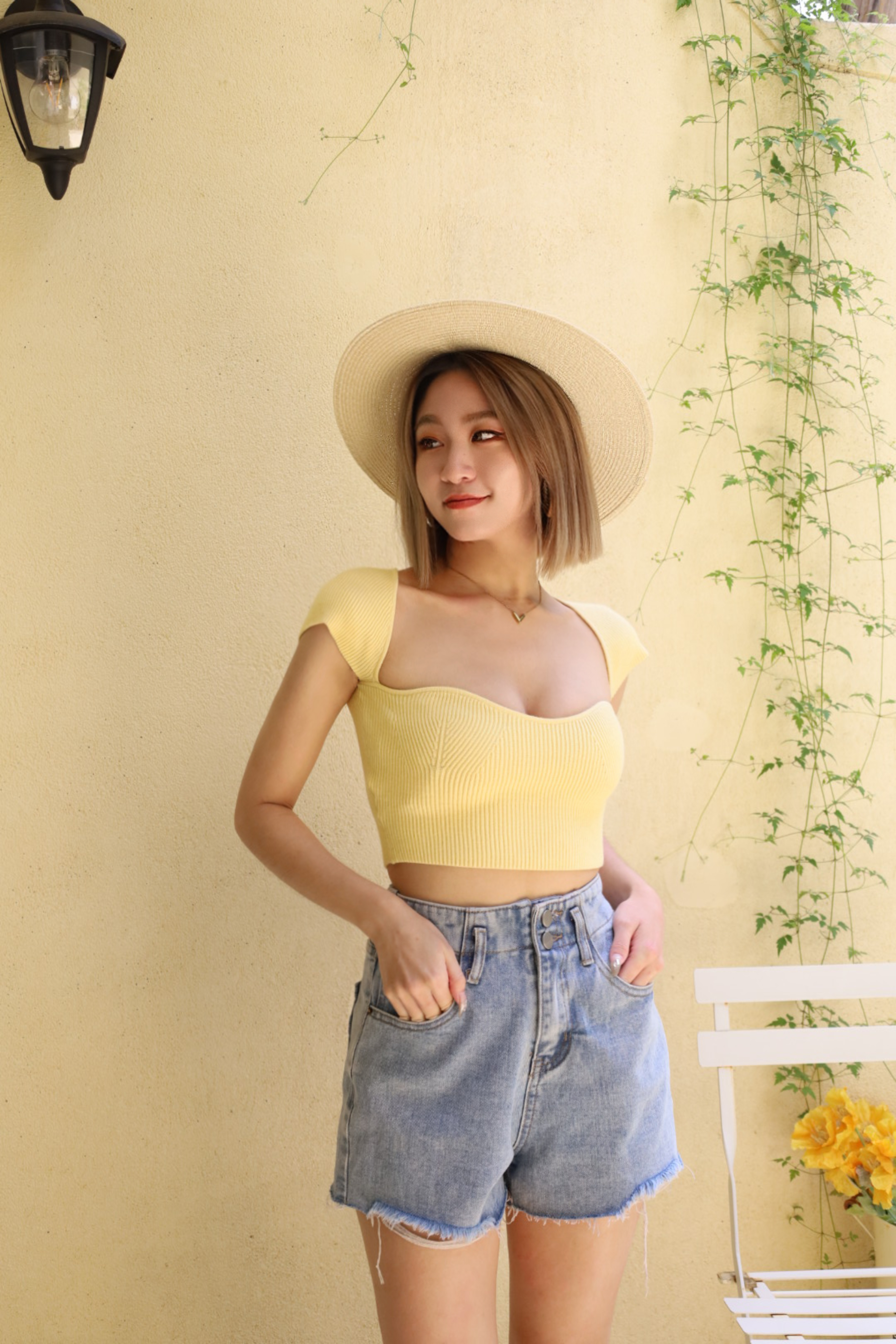 法式愛心方領針織上衣