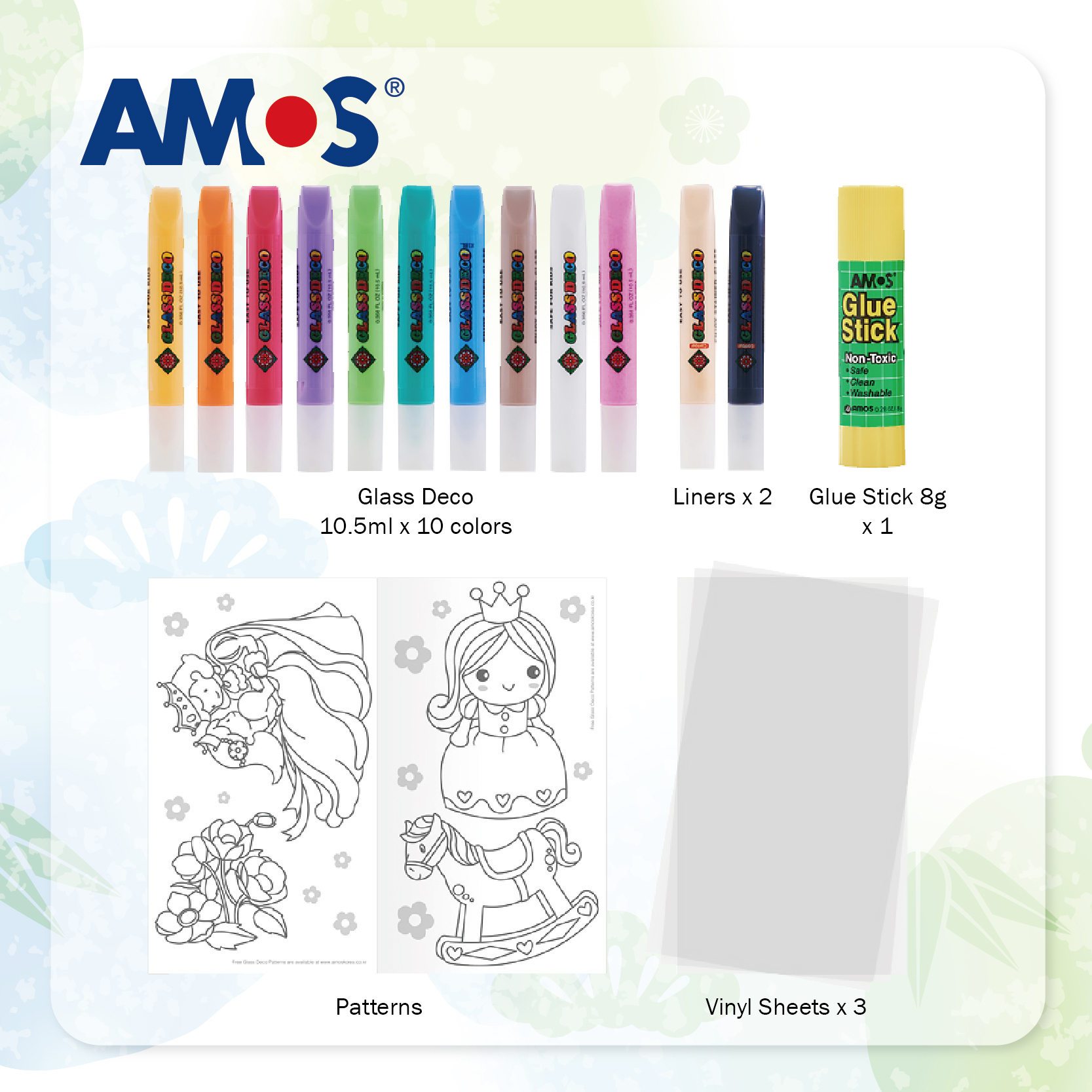 AMOS 12色繽紛玻璃彩繪 + 漿糊筆 8g (盒裝)