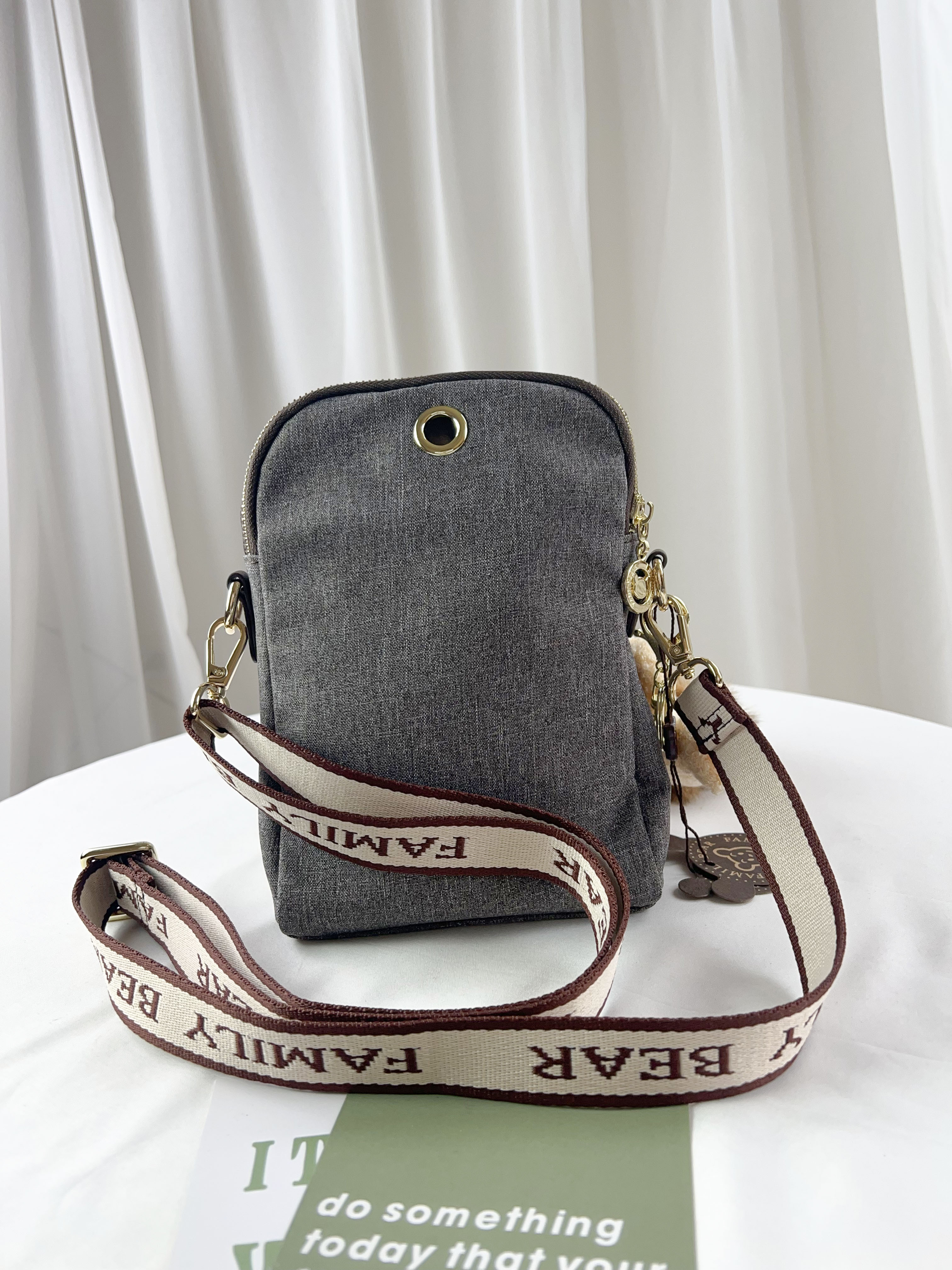 FamilyBear 織帶灰配咖防潑水側背包 附兔兔吊飾   #2839