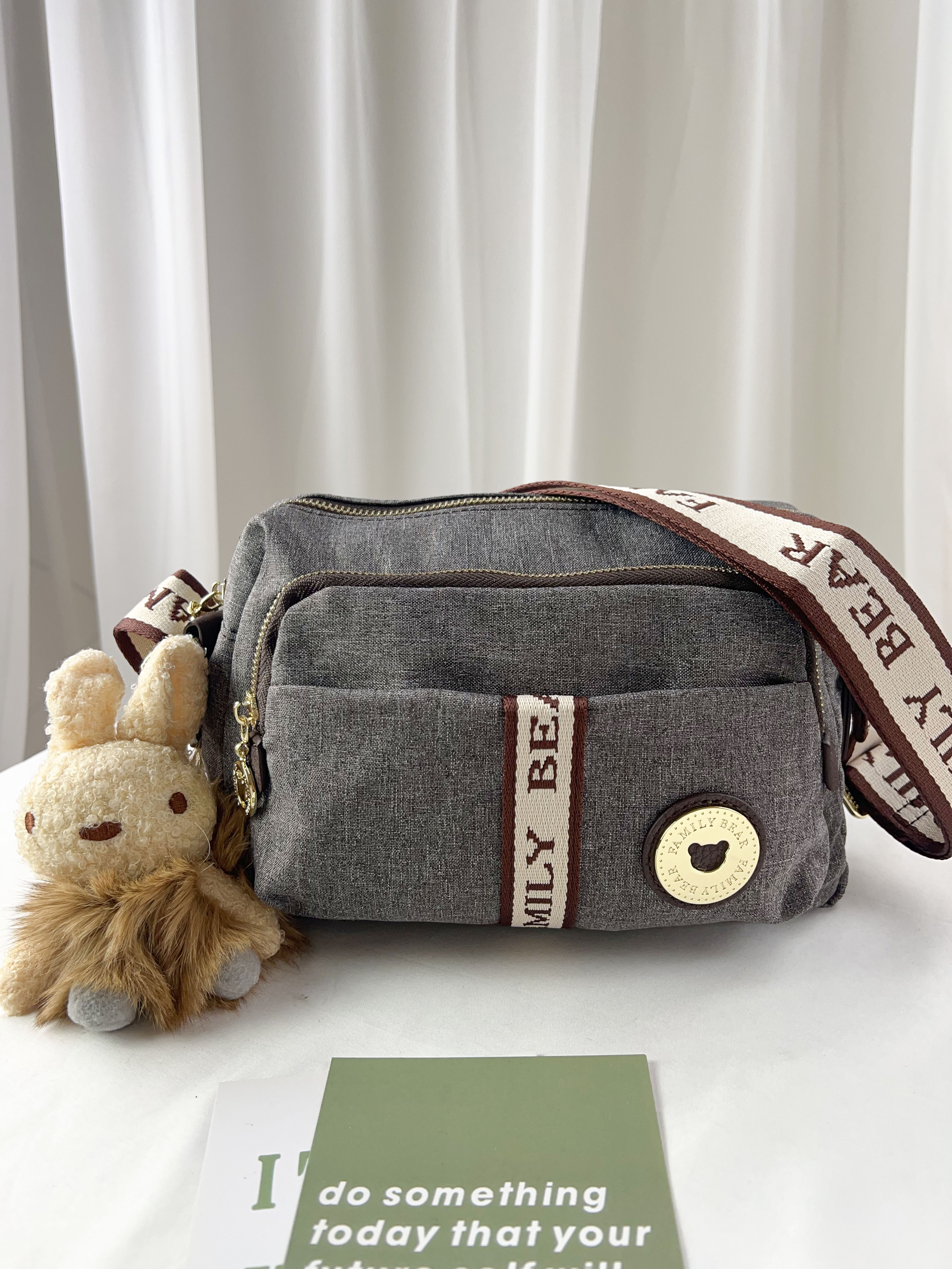 FamilyBear 織帶灰配咖防潑水側背包 附兔兔吊飾 #2852