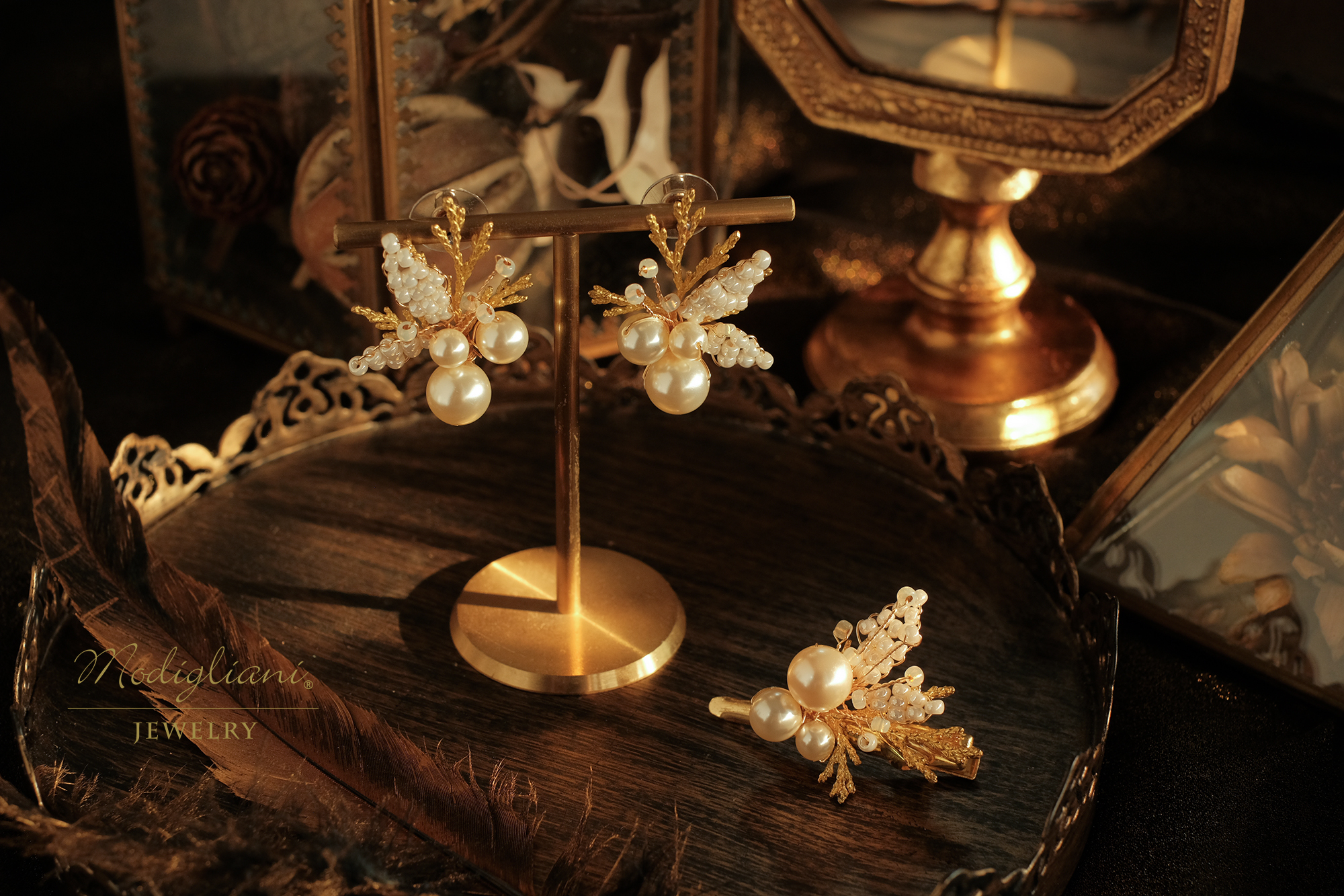 黃銅飾品,黃銅,花草,仙女,耳環,耳環,施華洛世奇水晶珍珠,珍珠,氣質