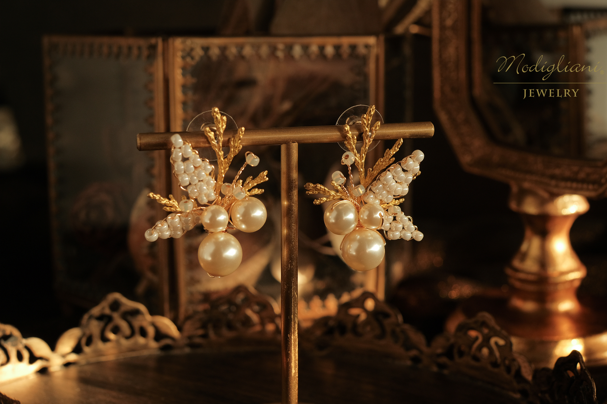 黃銅飾品,黃銅,花草,仙女,耳環,耳環,施華洛世奇水晶珍珠,珍珠,氣質