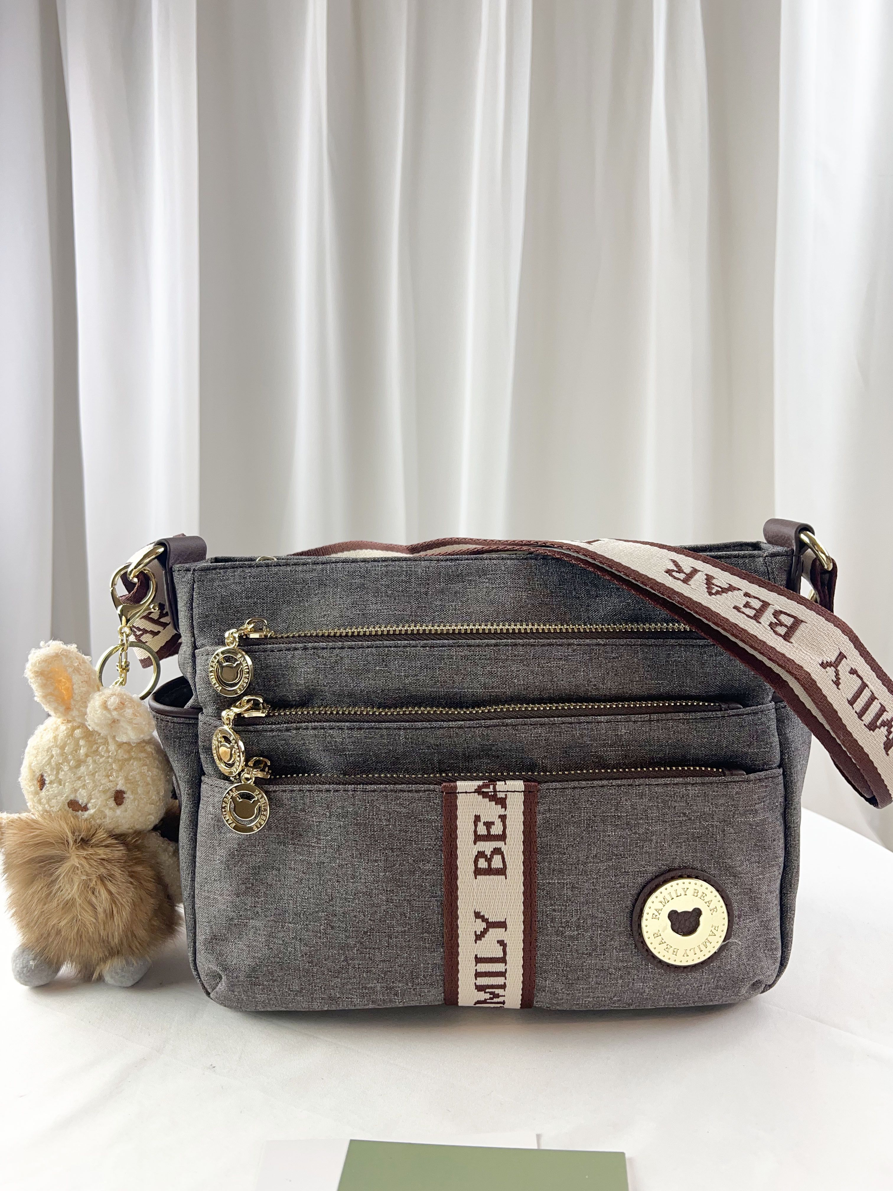 FamilyBear 織帶灰配咖防潑水側背包 附兔兔吊飾 #2502