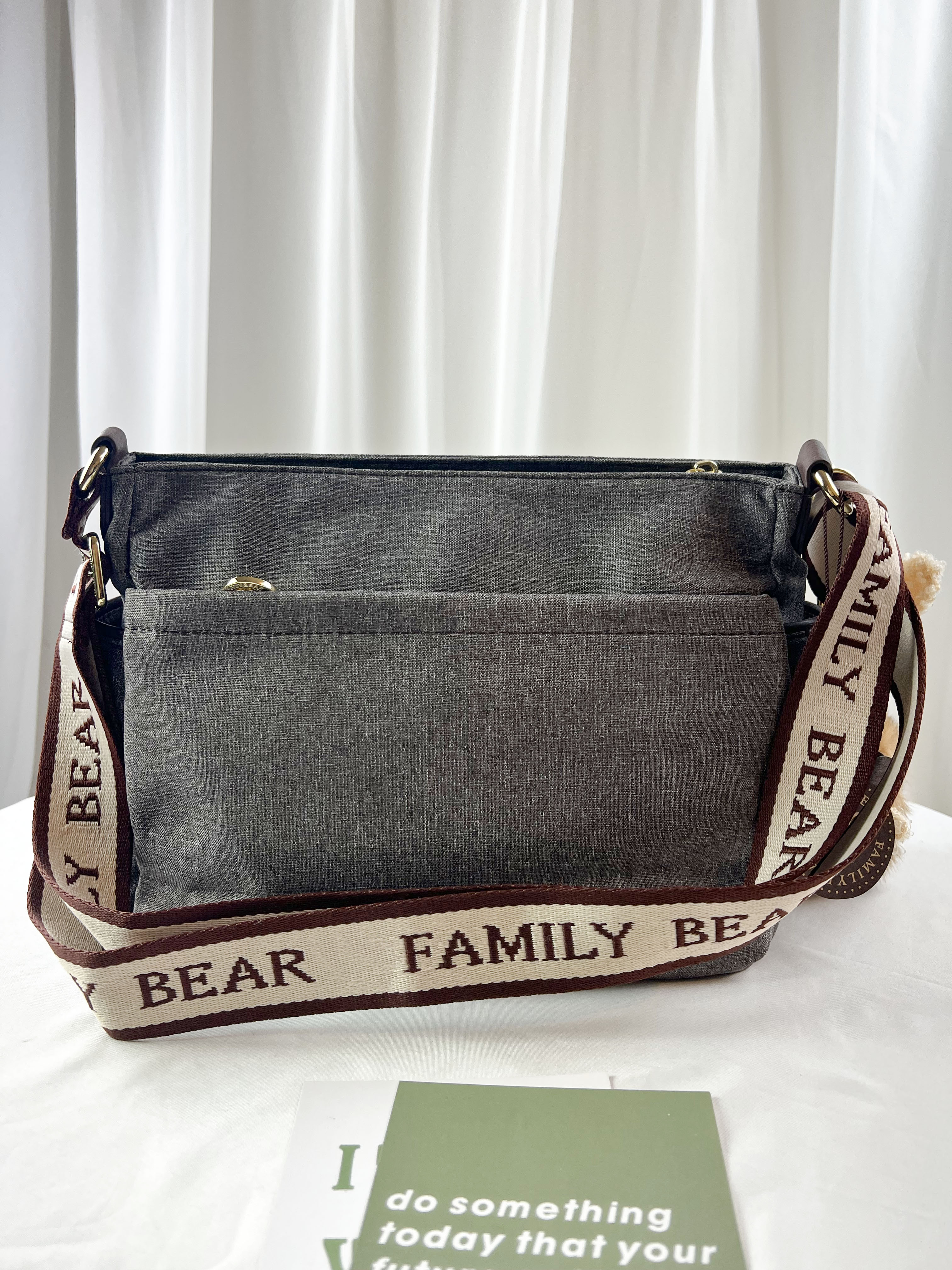 FamilyBear 織帶灰配咖防潑水側背包 附兔兔吊飾 #2502