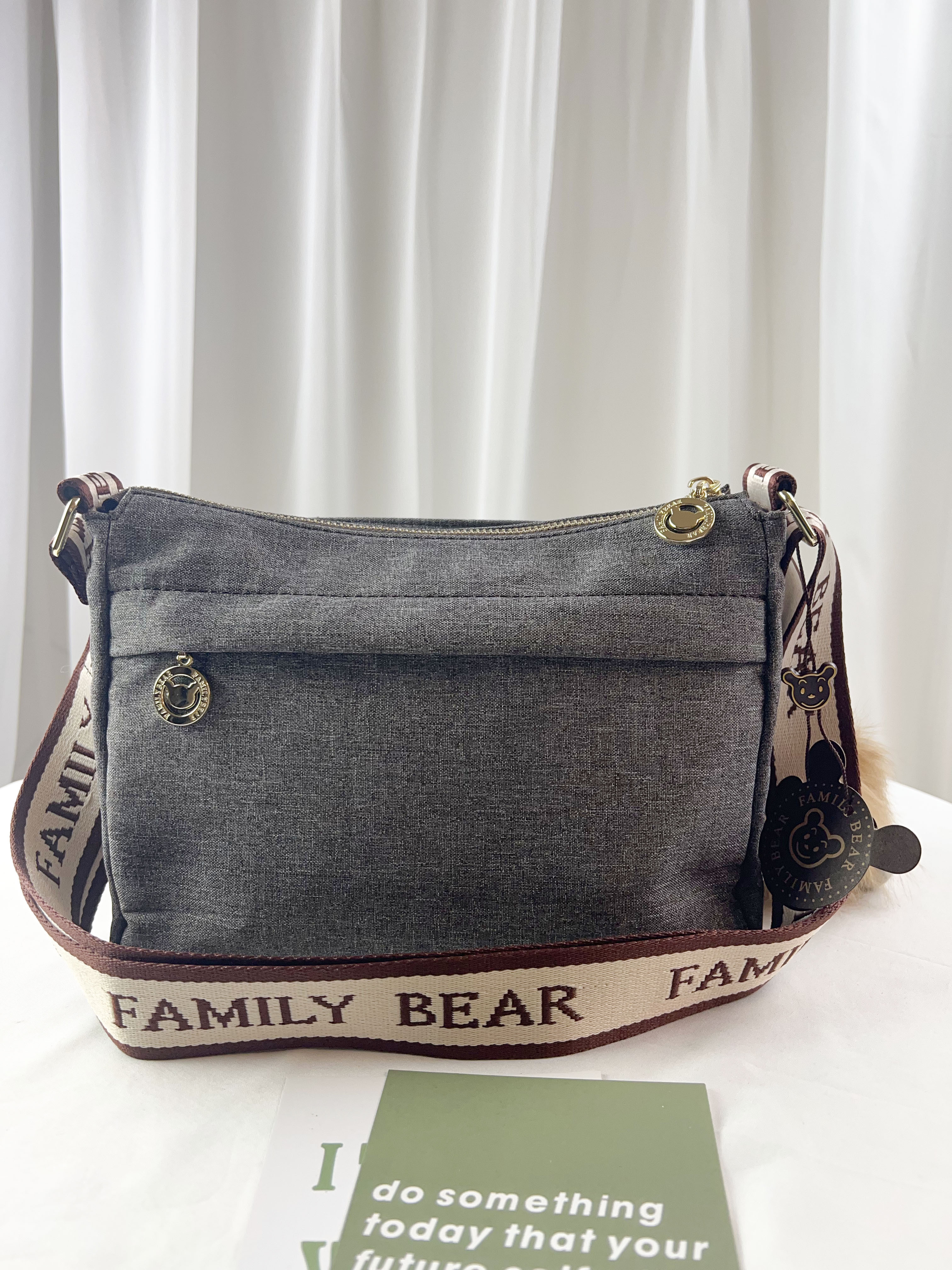 FamilyBear 織帶灰配咖防潑水側背包 附兔兔吊飾  #2672