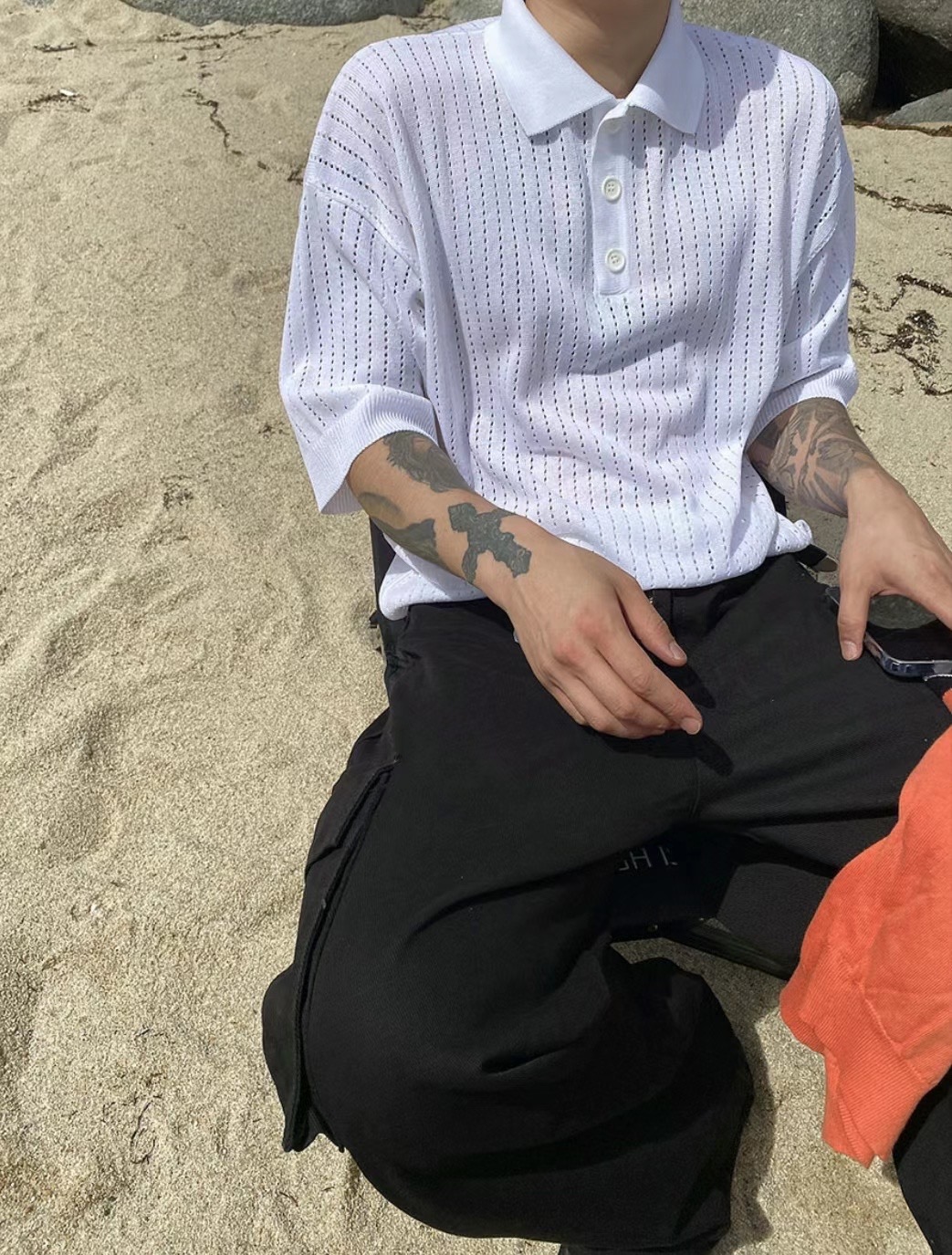 🇰🇷韓國 洞洞 針織 翻領 Polo衫 五分袖