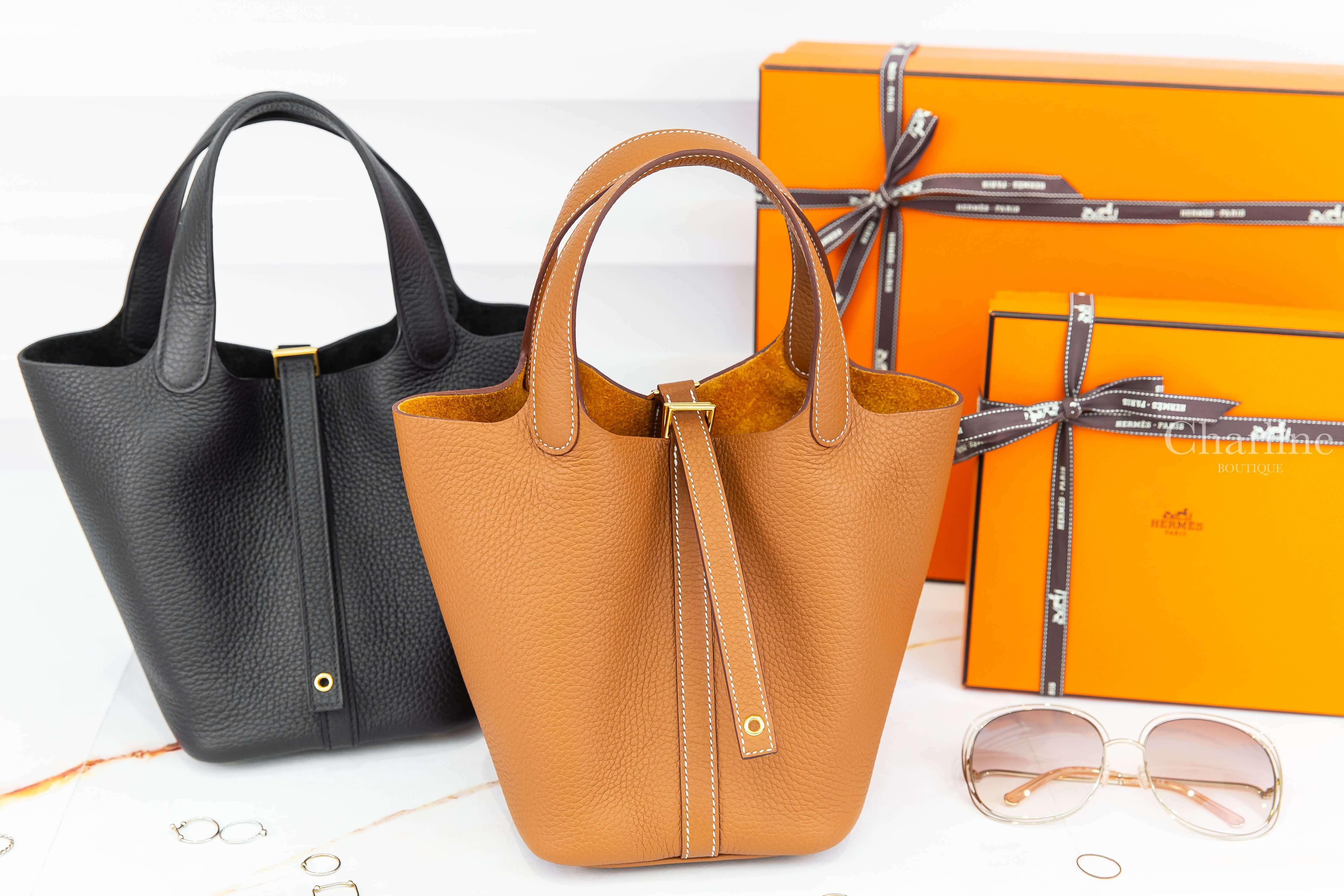 Hermès Picotin 18cm 89 Noir T/C 黑色金釦,Hermès Picotin 18cm 37 Gold T/C 焦糖色金釦-Charline Boutique 精品代購