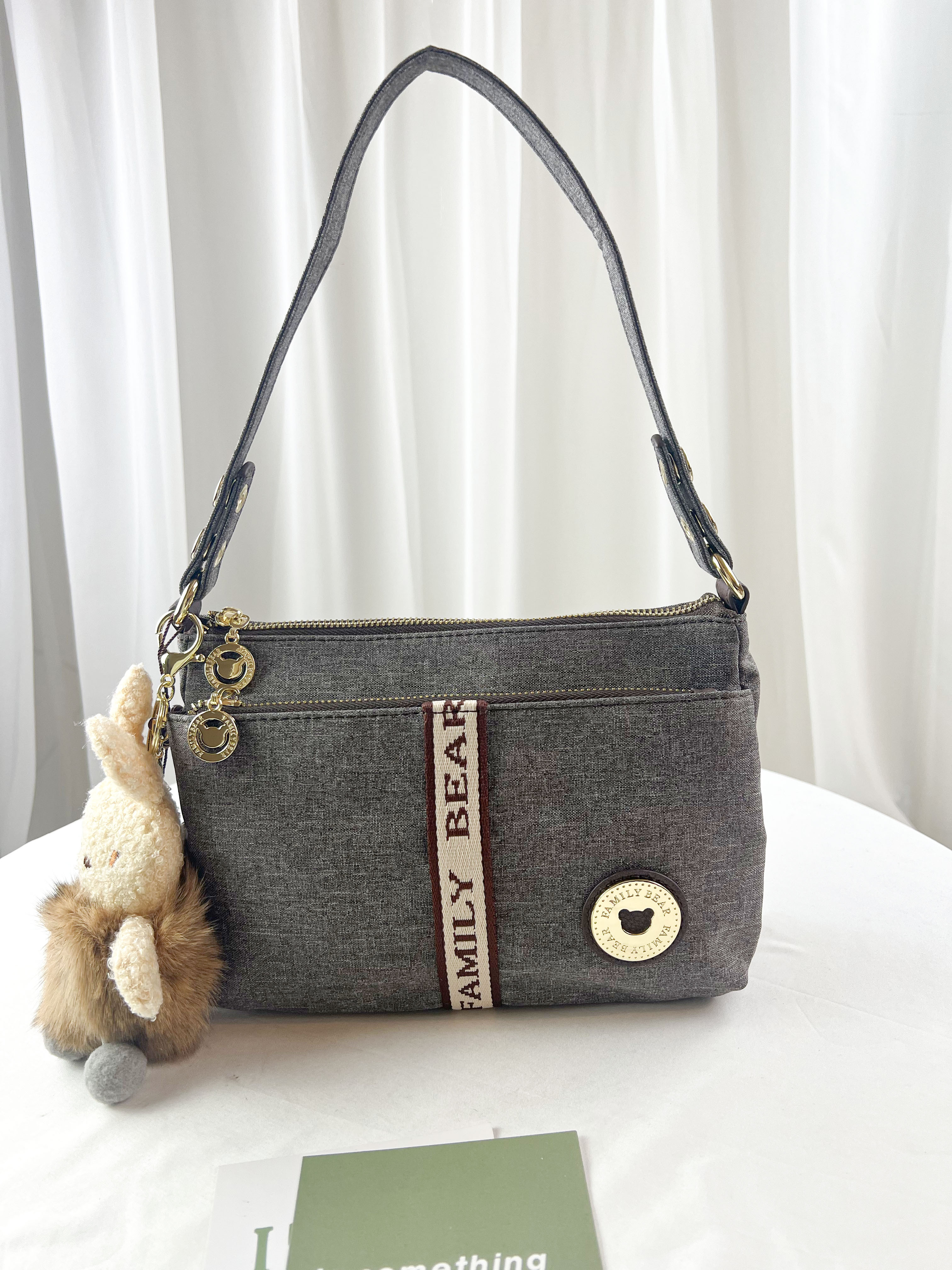 FamilyBear 織帶灰配咖 防潑水肩背包 / 側背包 附兔兔吊飾 #2563