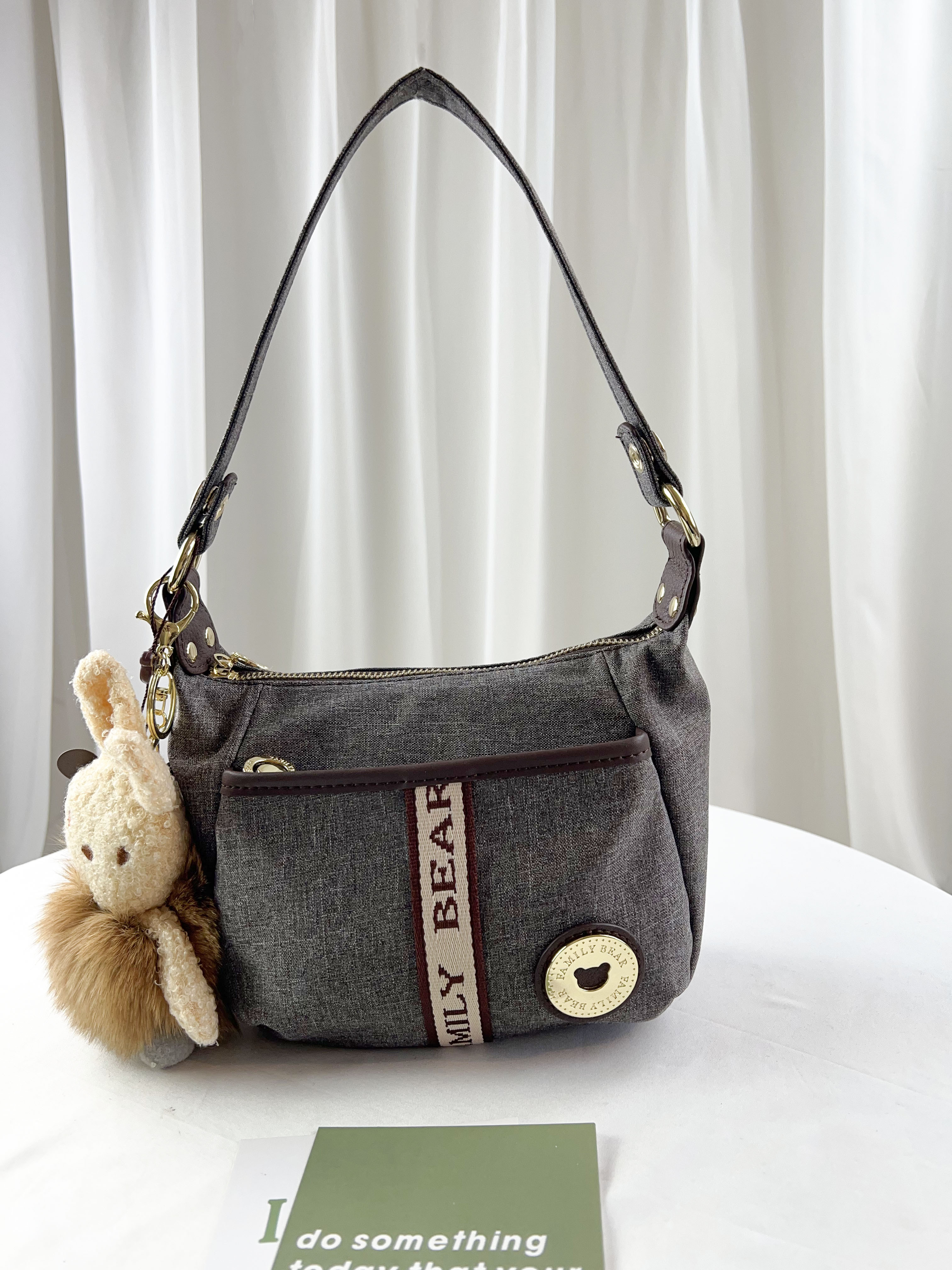 FamilyBear 織帶灰配咖防潑水肩背包 / 側背包 附兔兔吊飾  #2503