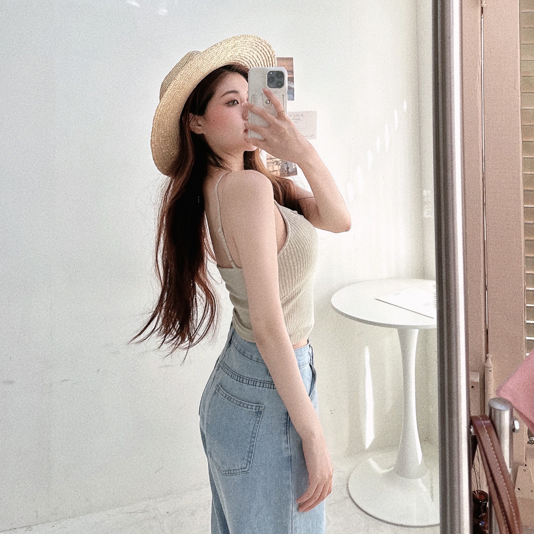 竹節棉U領胸墊背心/三色