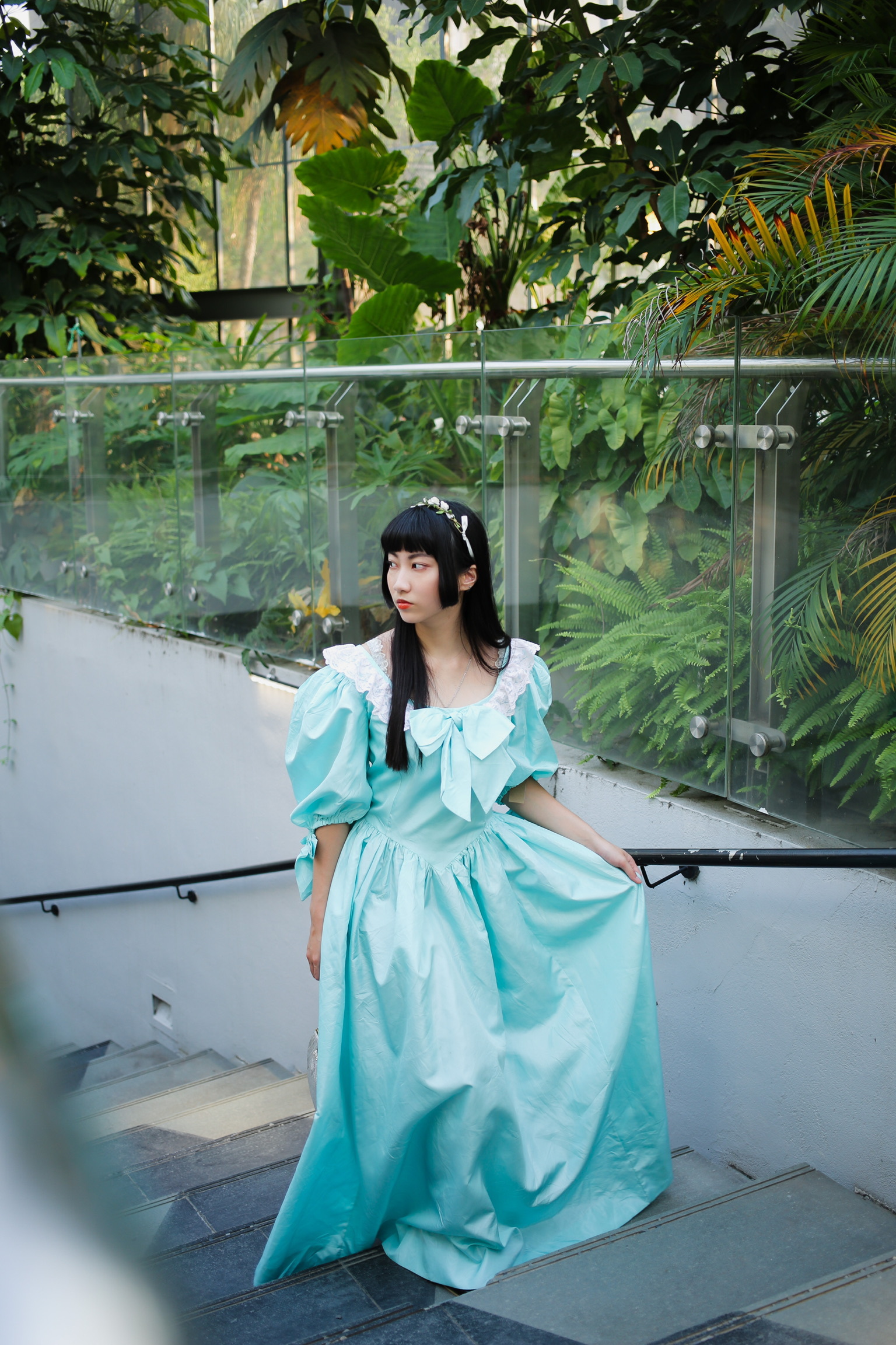 Vintage Dress / 古著蝴蝶結袖蒂芬尼色蓬裙禮服