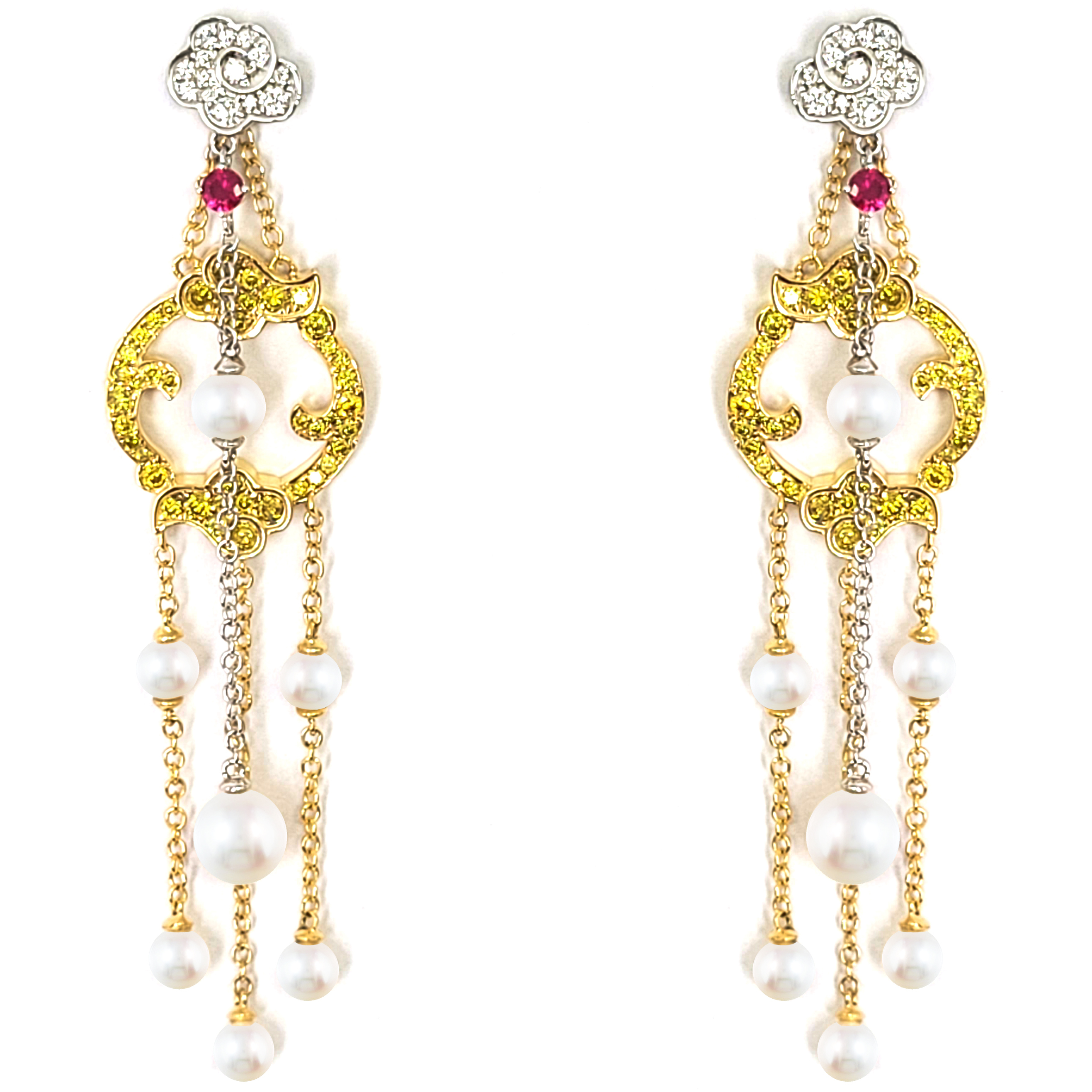 18K白金及黃金天然鑽石黃鑽及紅寶珍珠耳環