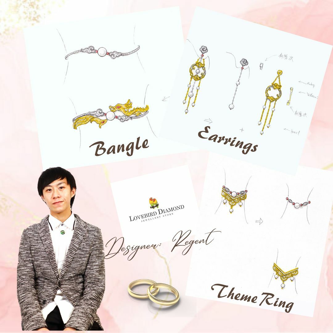 18K白金及18K黃金天然鑽石珍珠戒指套裝