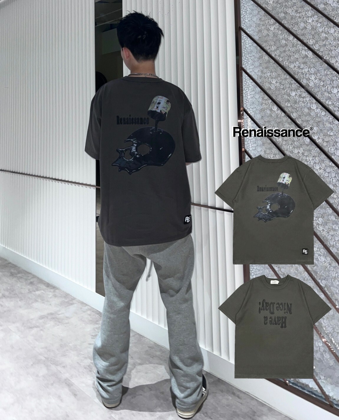 RENAISSANCE 斑駁塗鴉Logo 油漆骷髏鐵灰短袖 T ‘’ Paints Skull Tee ‘’