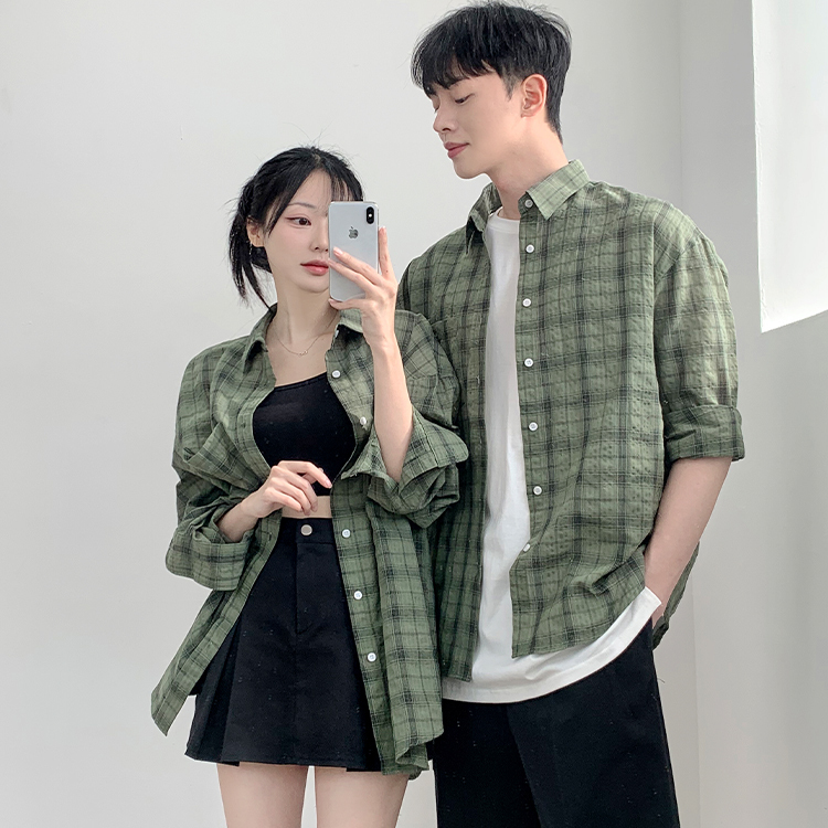 夏日格紋亞麻情侶襯衫｜男女同款（兩色）