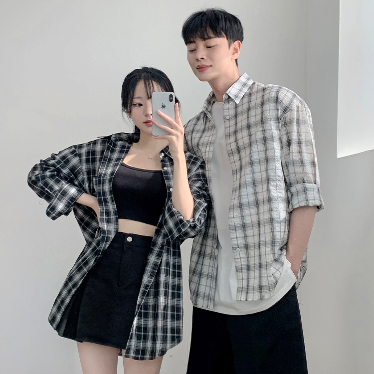 夏日格紋亞麻情侶襯衫｜男女同款（兩色）