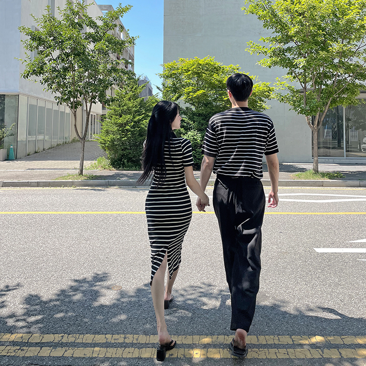 橫條紋修身情侶裝（男款短袖上衣/女款修身洋裝）