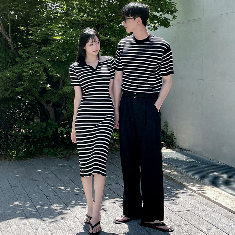 橫條紋修身情侶裝（男款短袖上衣/女款修身洋裝）