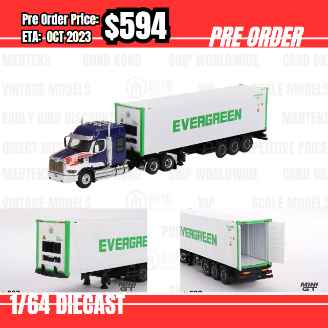 PO-$594 * Mini GT * #597 Western Star 49X Blue  w/ 40' Reefer Container "EVERGREEN" LHD [15/07]
