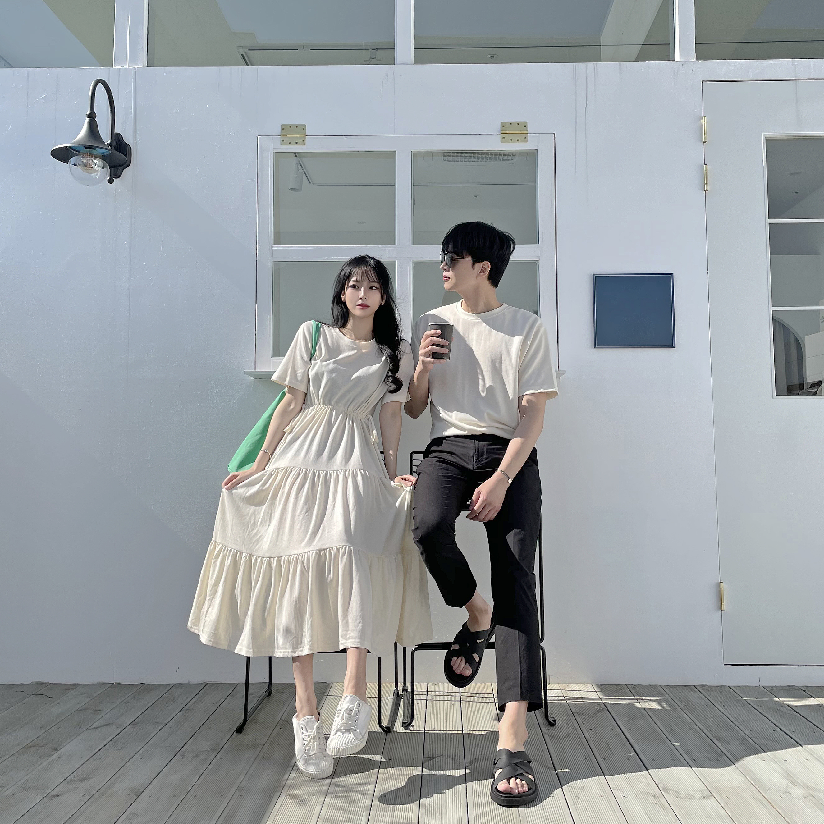 簡約韓系情侶裝（素色短袖 / 蛋糕裙洋裝)